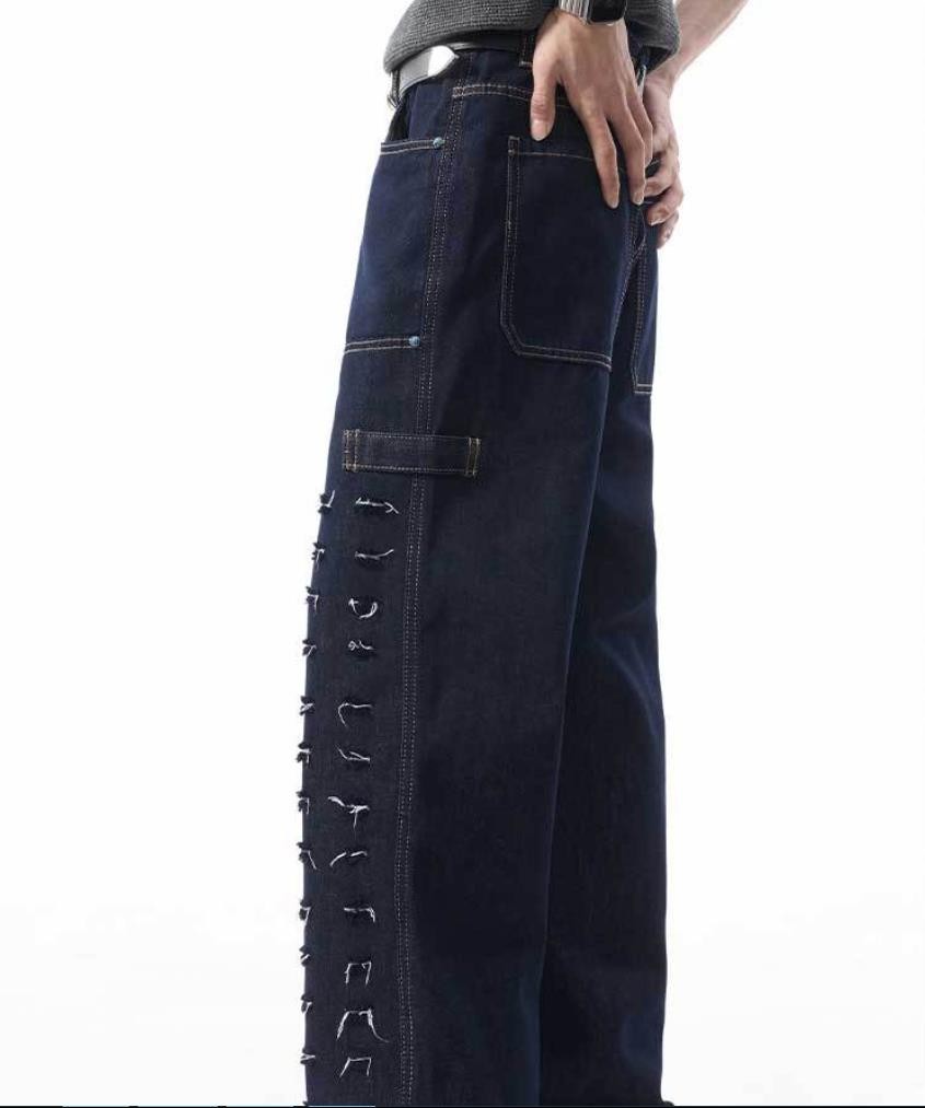 Men’s Dark Blue Denim Jeans Straight Leg Ripped Casual Punk Hip Hop Trousers New