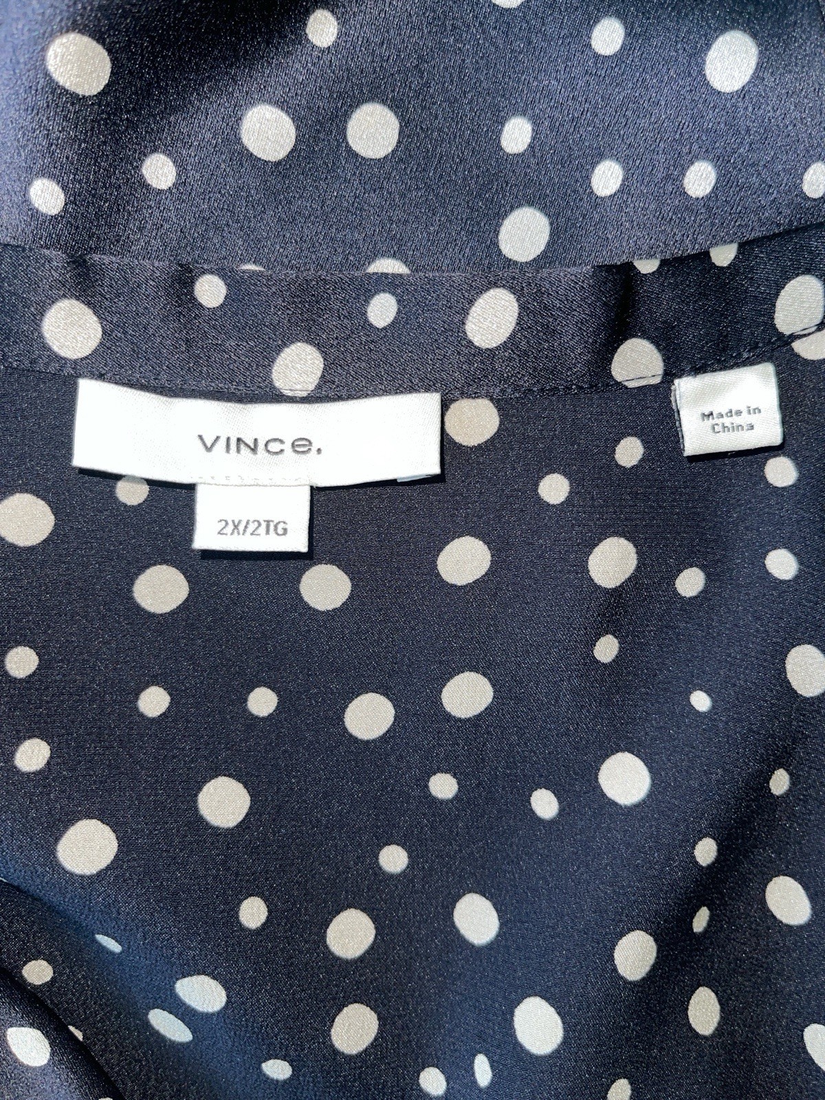 VINCE Camp Collar 100% Silk Deep Marine/Navy Blue Polka Dot Blouse 2X