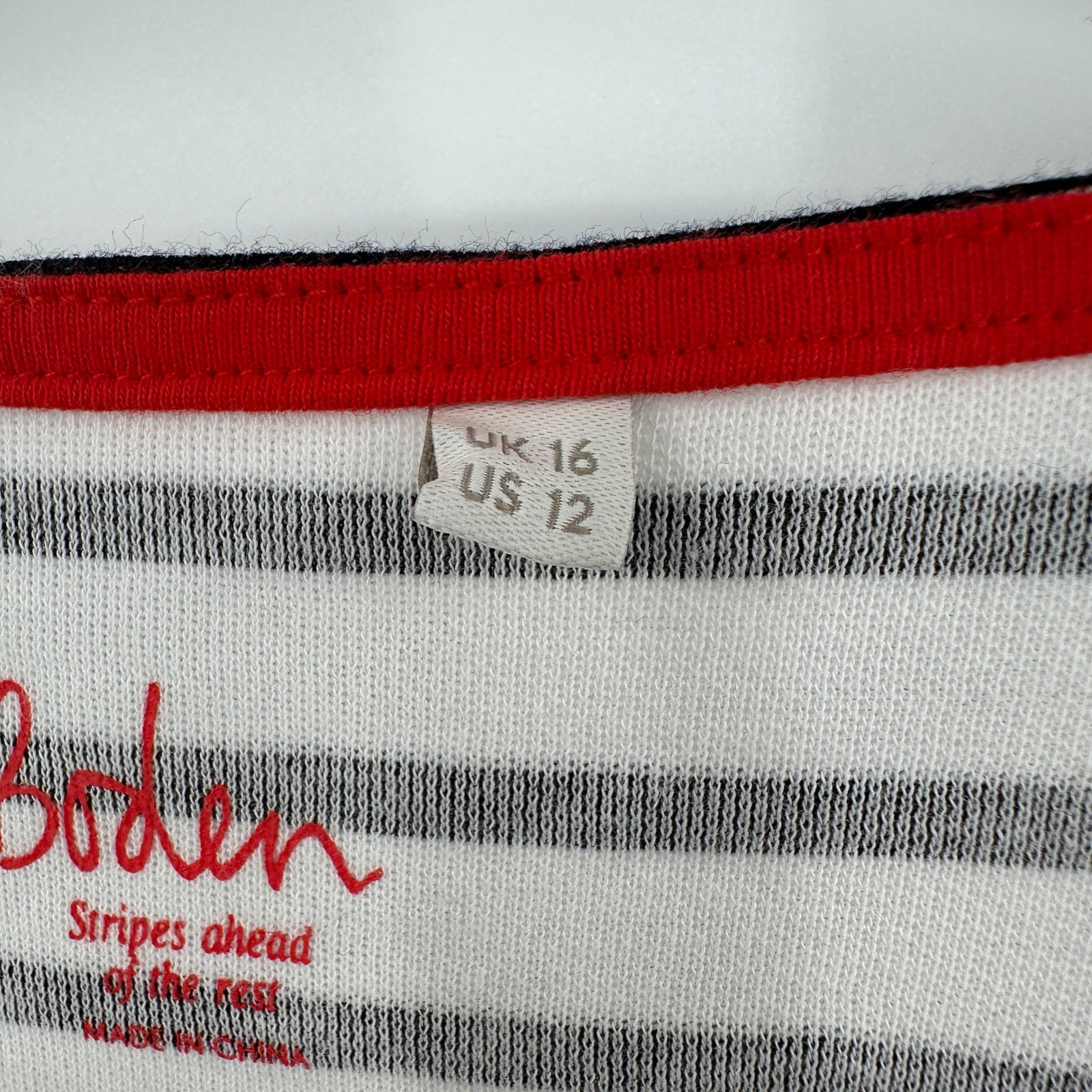 Boden Stripes Ahead Holiday Long Sleeve Top US 12 UK 16 Black White Red Green