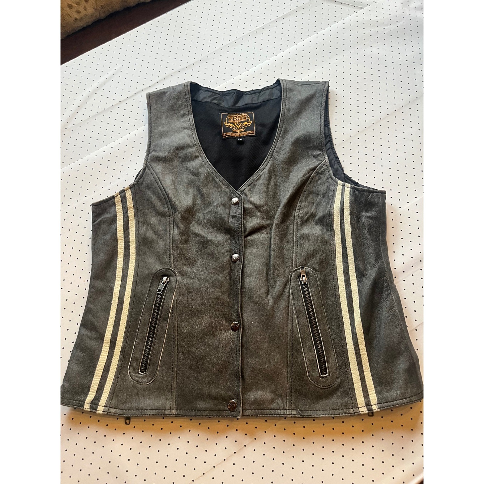 Milwaukee Leather Distressed Gray Racing Stripe Moto Vest 3XL Womens Mens Biker
