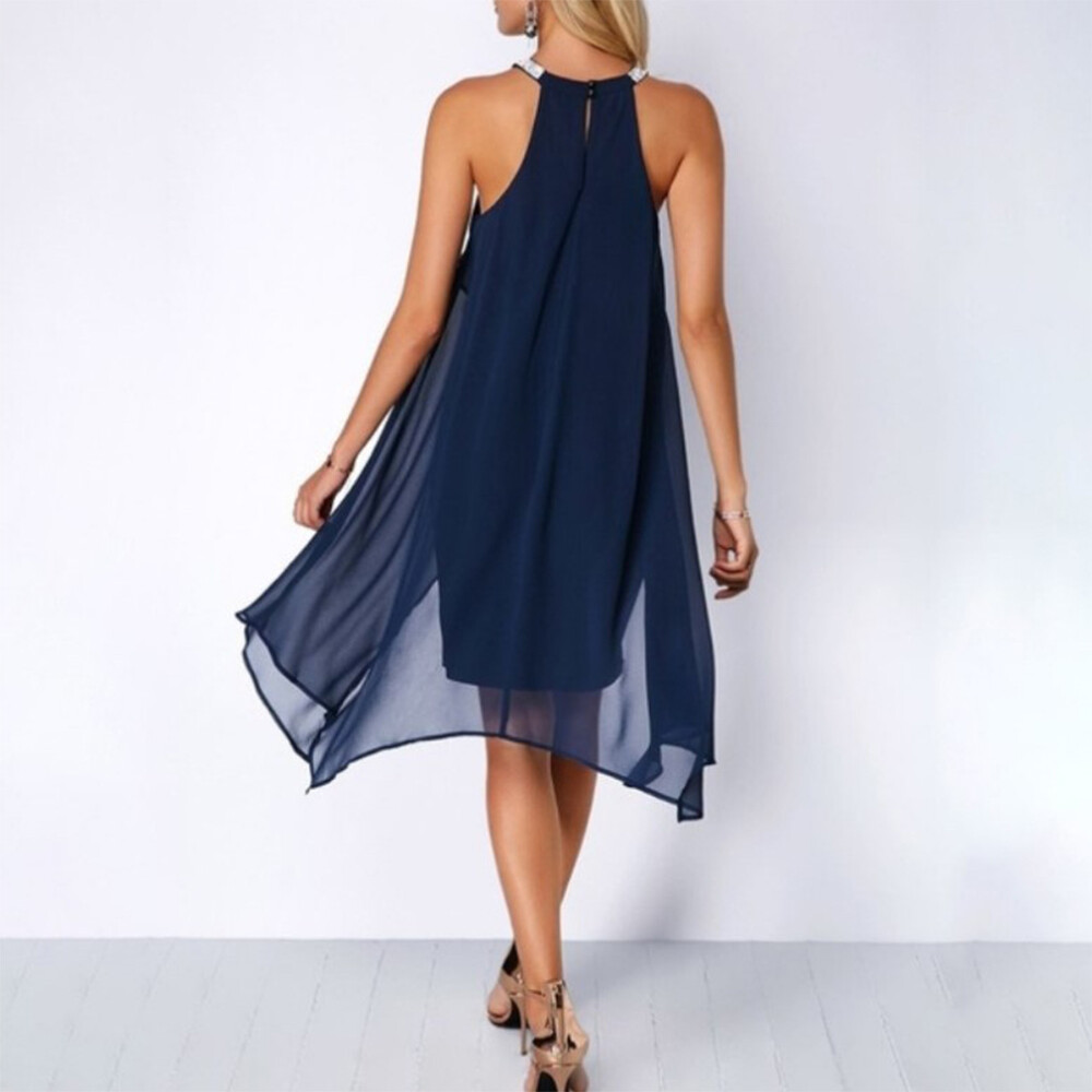 Womens Chiffon Halter Neck Mini Dress Ladies Evening Cocktail Party Gown Size 16