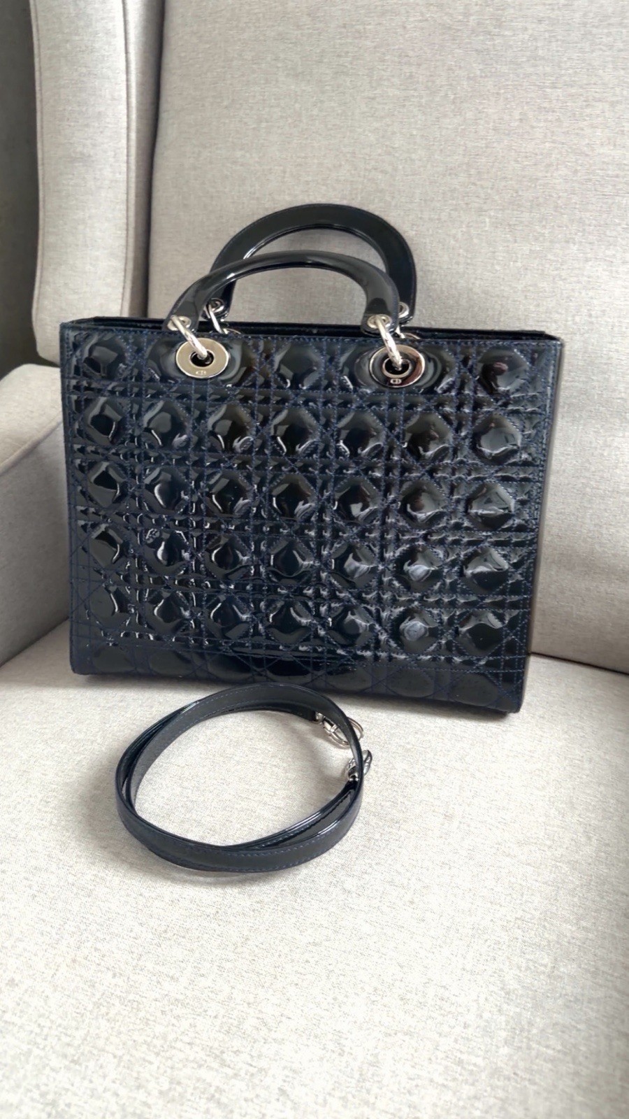 Dior navy blue Patent Lady Dior Satchel with Silver Hardware