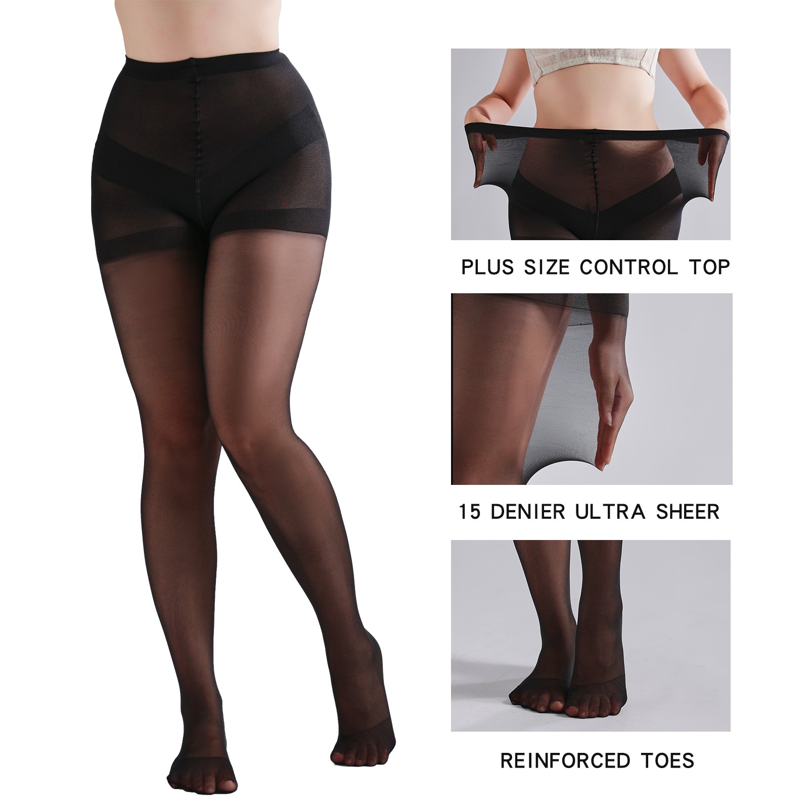 Women’s Plus Size 20D Sheer Tights – 3 Pack | High Waist | Control Top | Reinfor