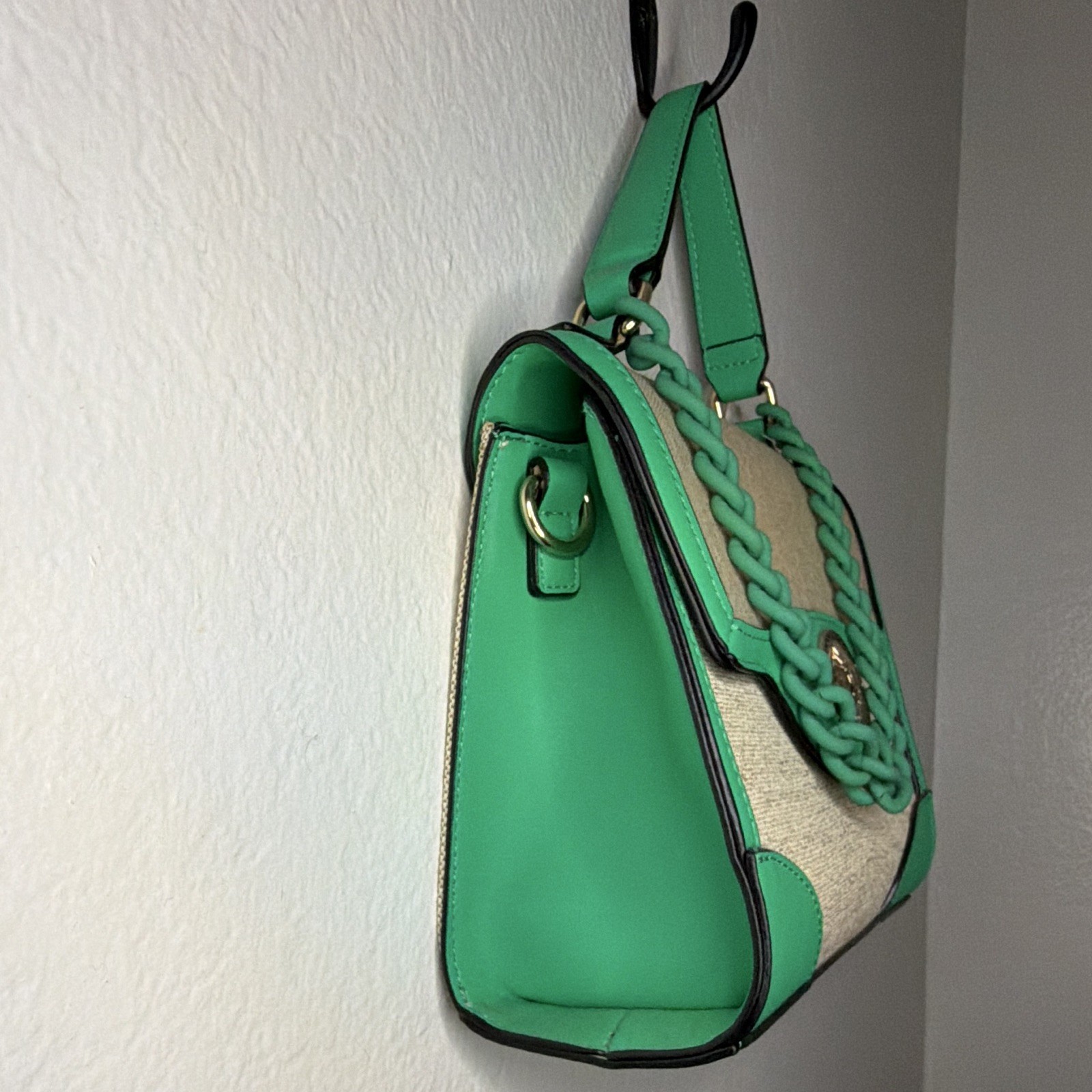 ALDO Beige/Green Satchel Top Handle Bag Magnetic Close, Chain Logo, Gold HW