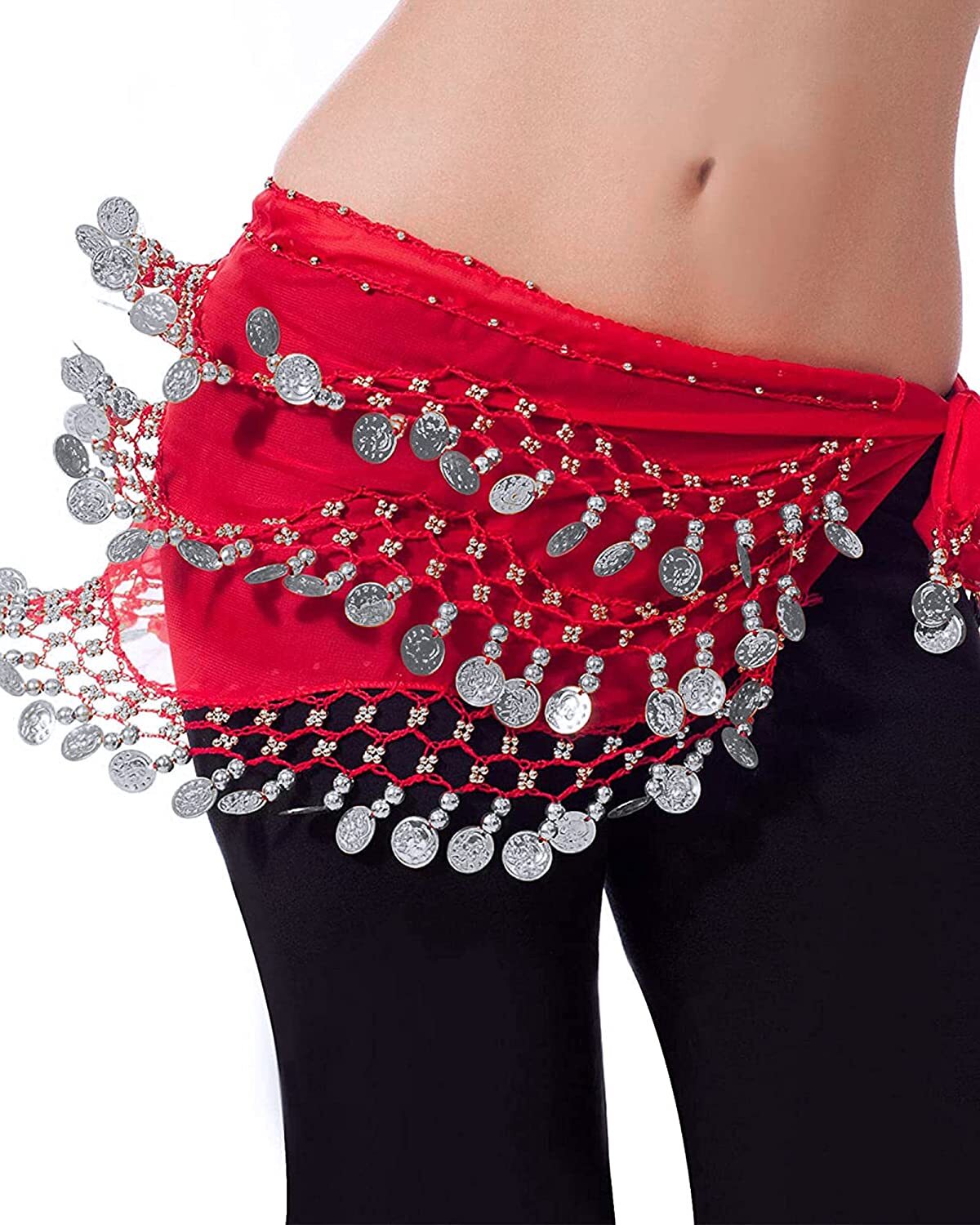 Chiffon Belly Dance Hip Scarf Wrap Belt Tribal Sash Skirt Silver Coins Costume
