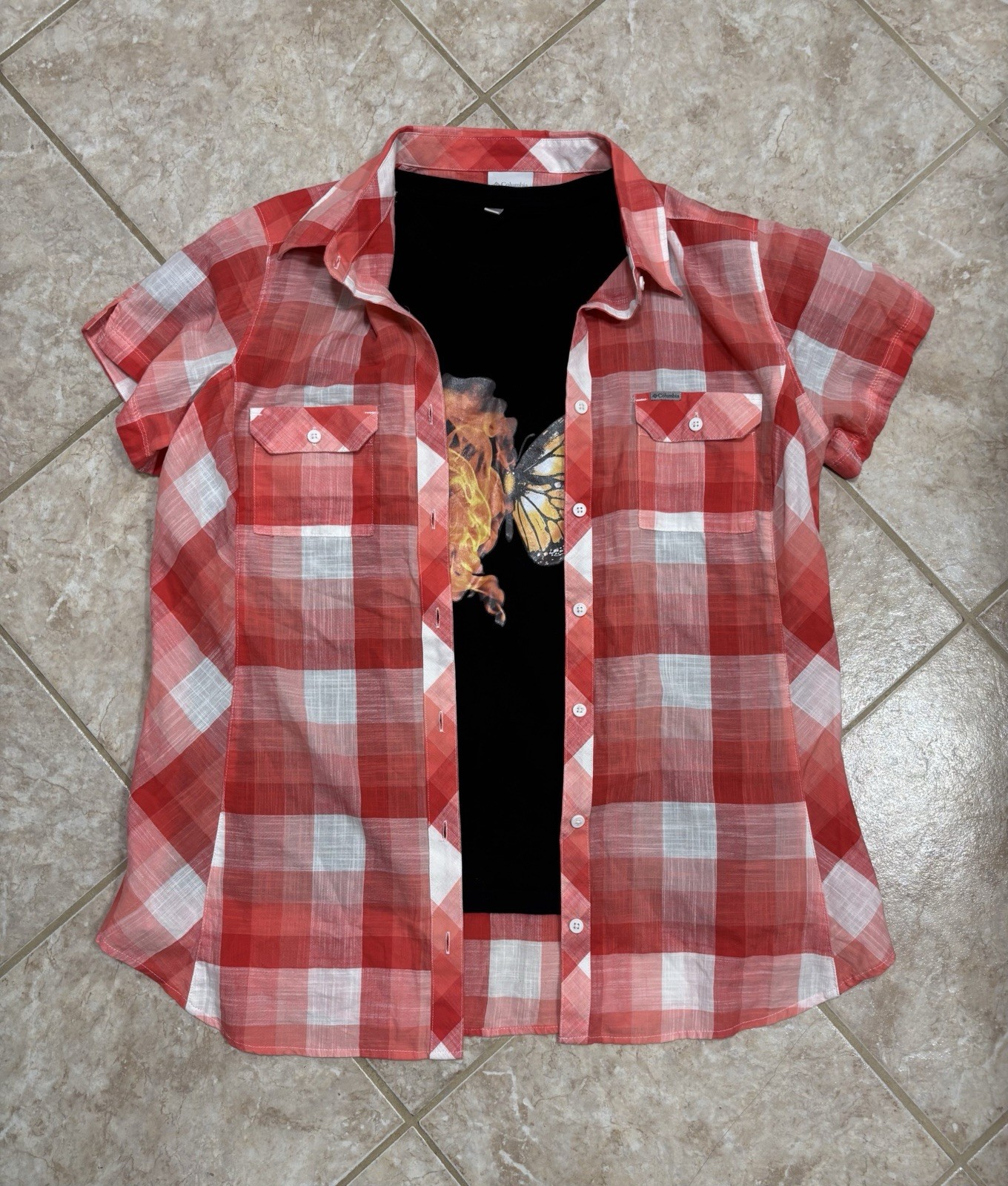 Columbia Plaid Button Up Shirt And Butterfly Tee 100% Cotton Women’s Size XL