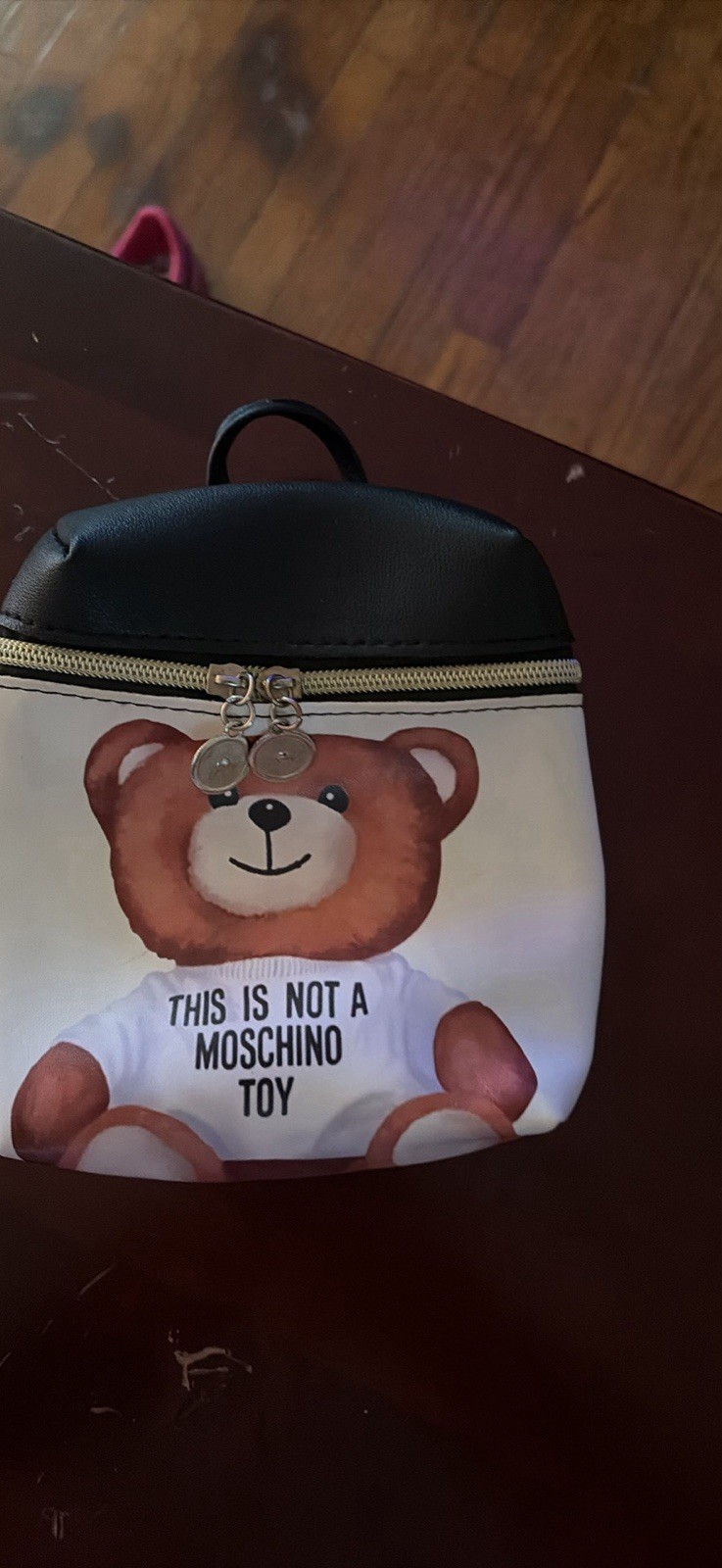 Moschino Teddy Bear Graphic Print Mini Backpack Zip Closure Black/White
