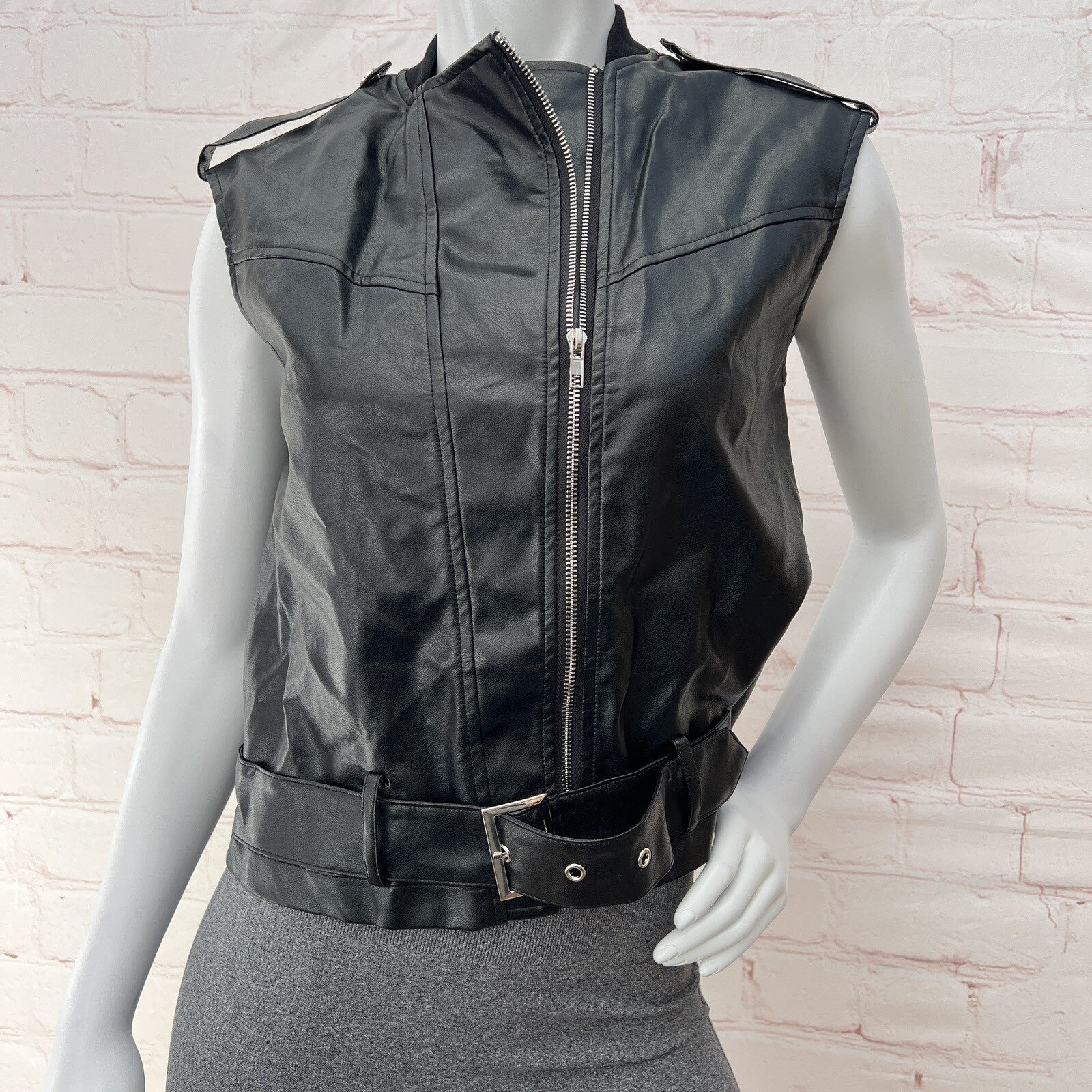 Punk Motorcycle Biker Vest Women Collar Sleeveless Polyester Black vest S