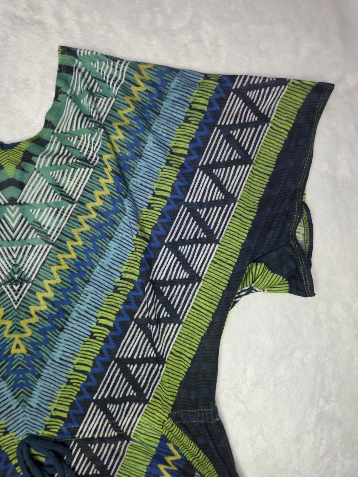 prAna Saida Kaftan Tunic Cover Up Green Teal Aztec Geometric Tissue Jersey S