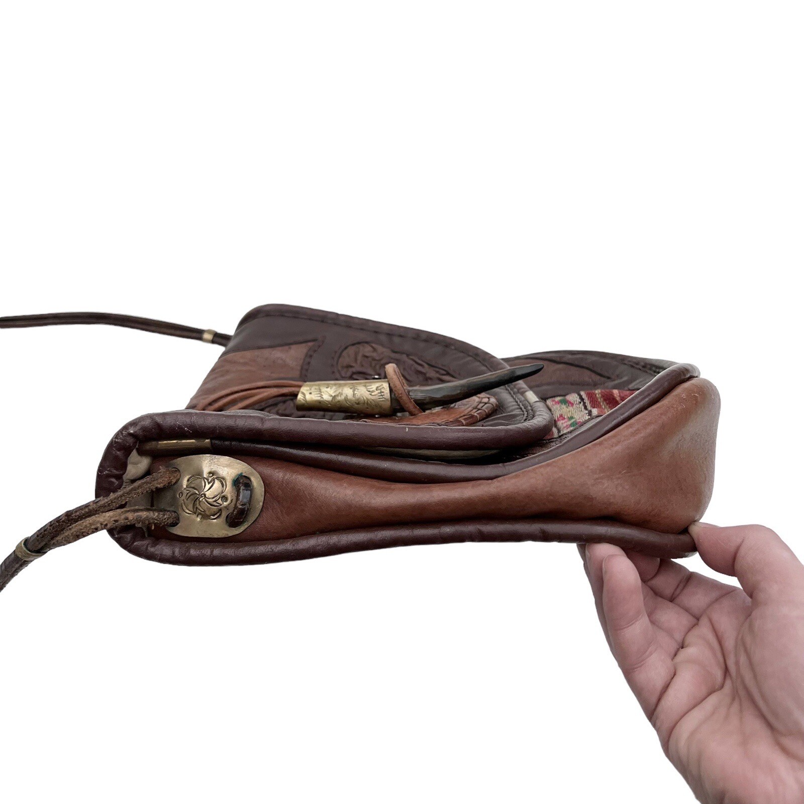 Vintage 1980s Leather Tooled Safari Navajo Southwestern Purse – 1989