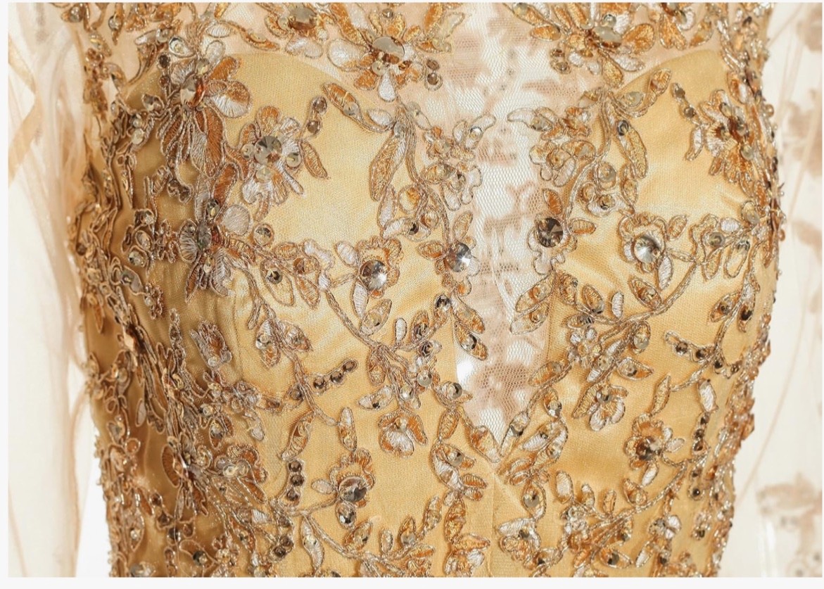 Meier Women’s Gold Illusion Long Sleeve Embroidery Prom Formal Dress Size 18