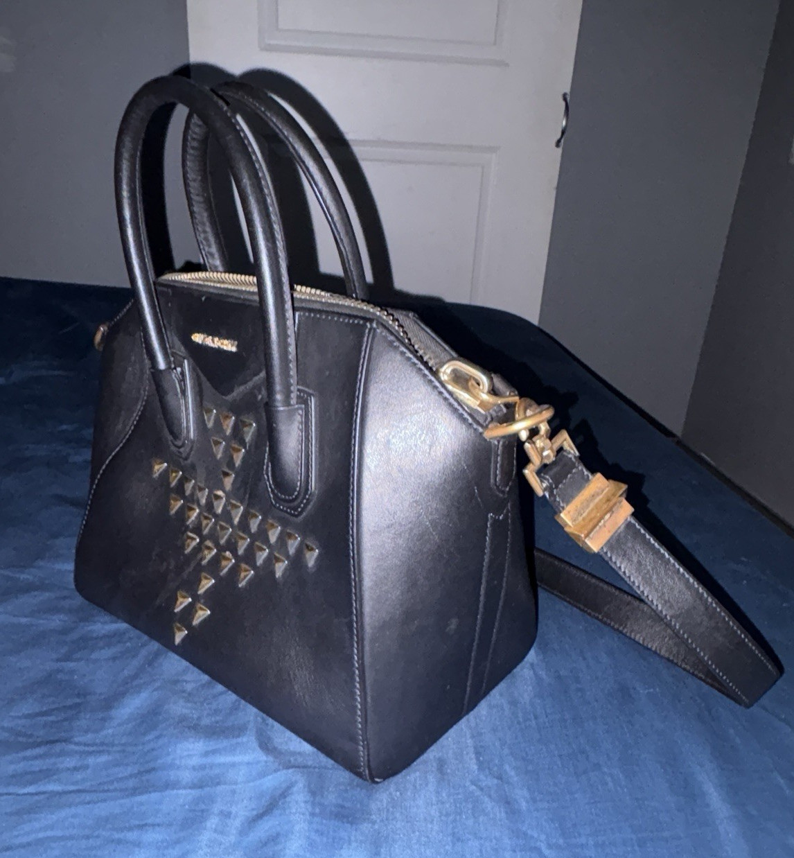 Givenchy Black Studded Medium Satchel Top Handle, Gold Hardware, Zip, Strap