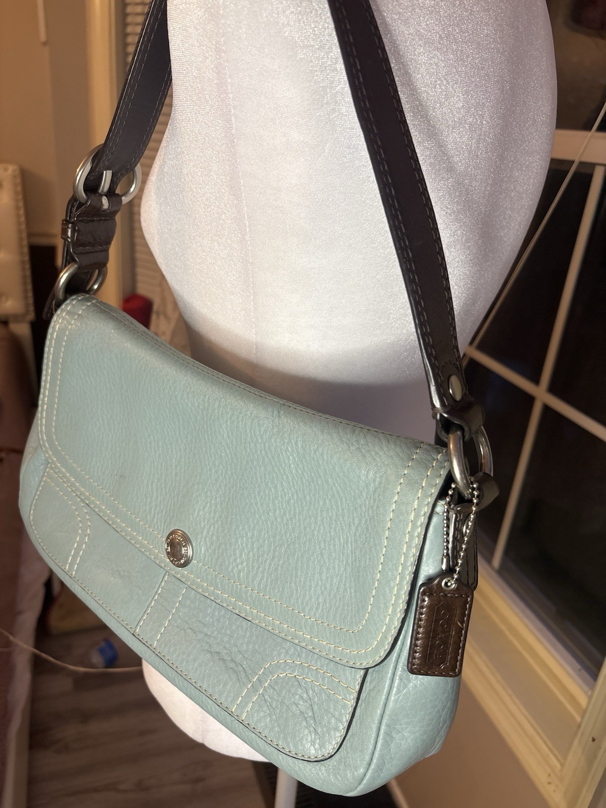 Coach Light Blue Pebbled Flap Shoulder Bag Snap Closure Brown Strap