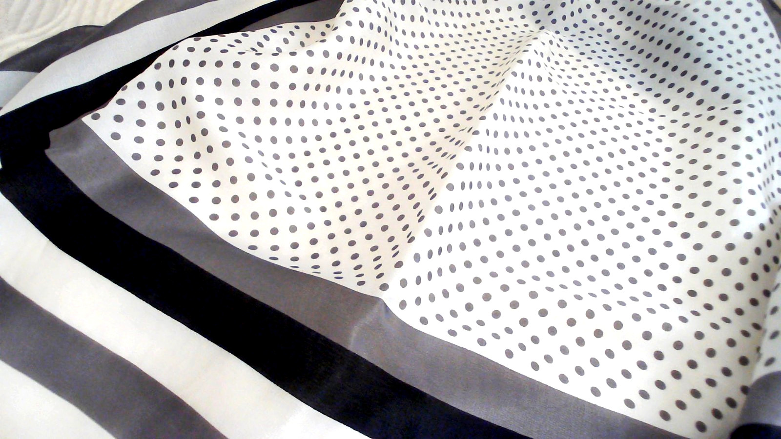 Bill Blass All Silk Scarf 27″ x 28″ Black Gray White Dots Stripes Roll Hem Wt NF