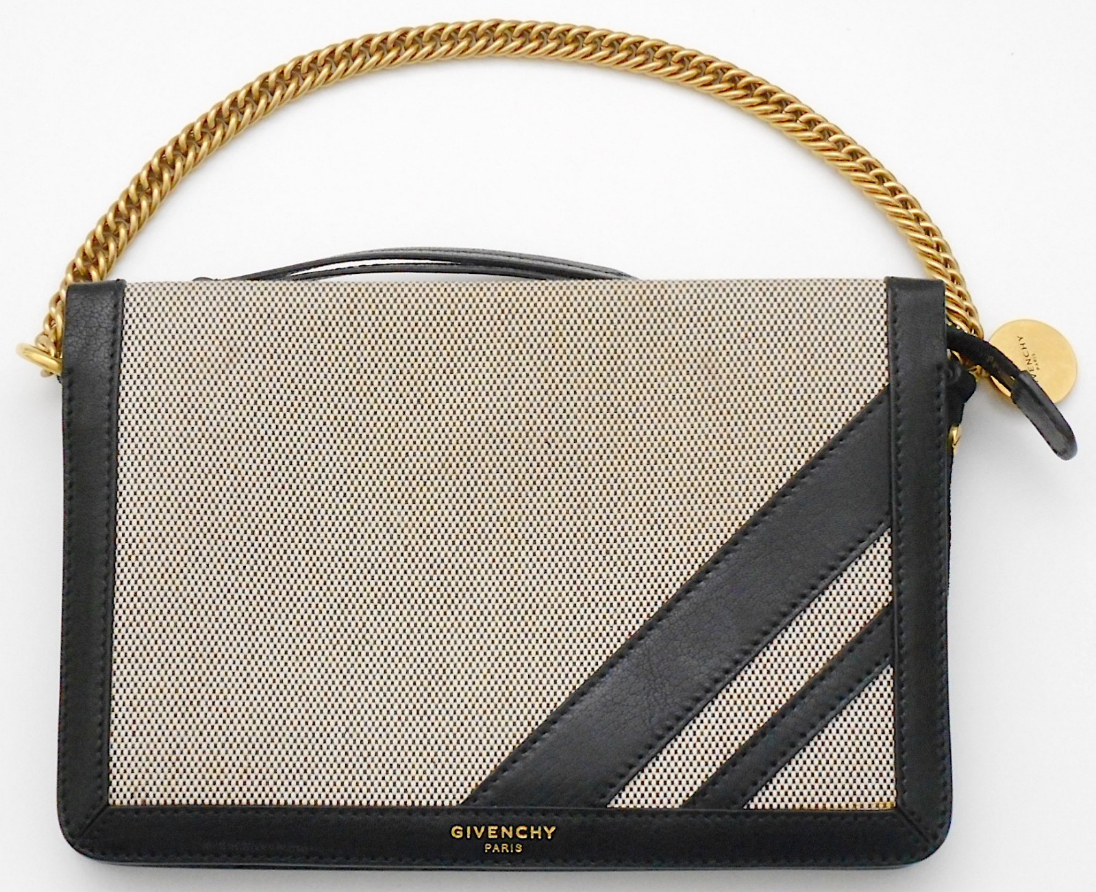 GIVENCHY PARIS Tan & Black Leather Trim Clutch Purse with Gold Tone Chain Handle