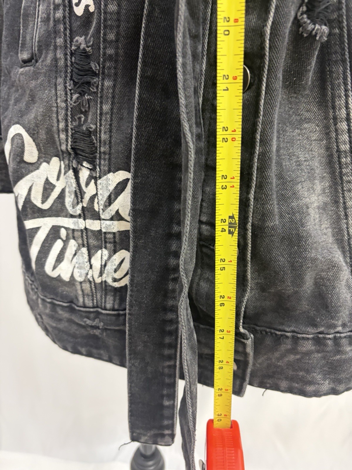 American Bazi Black Distressed Denim Jacket Dress Size M Belted Good Times