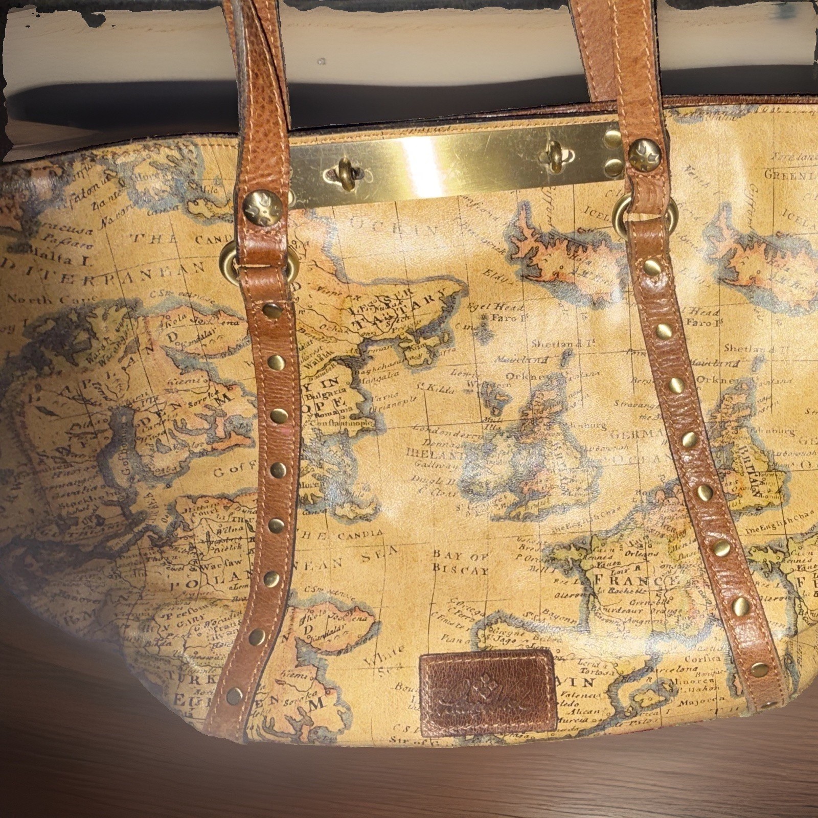 Patricia Nash European Map Print Leather Tote Bag Brown Tan 18” wide, 12.75”tall