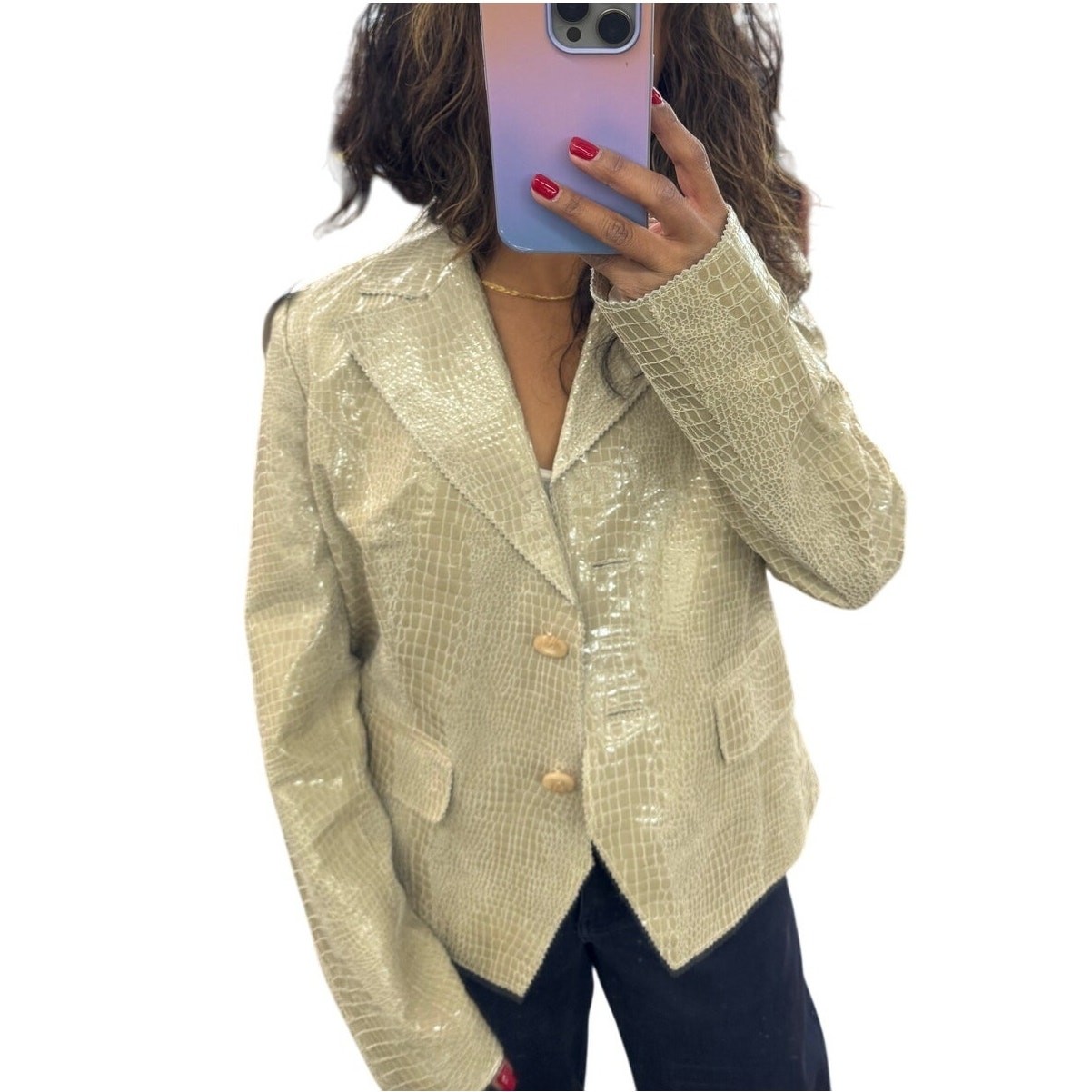 In Suede Croc Embossed Leather Blazer Jacket Beige Glossy Textured Large Lined