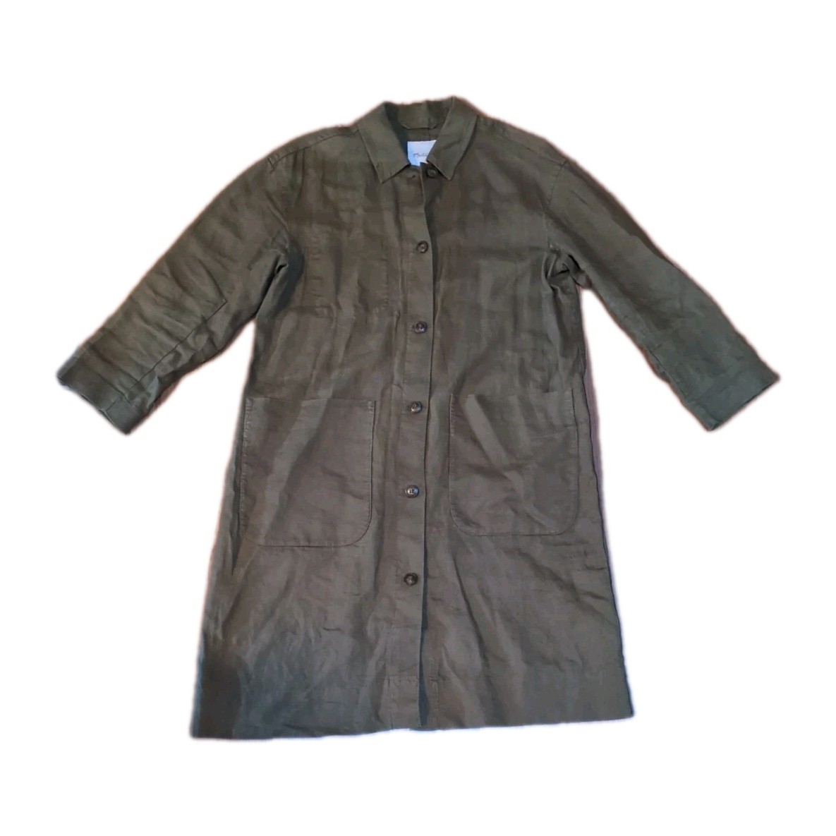 Madewell 100% Linen Medium Olive Green Long Jacket Duster Coat Lagenlook Trench
