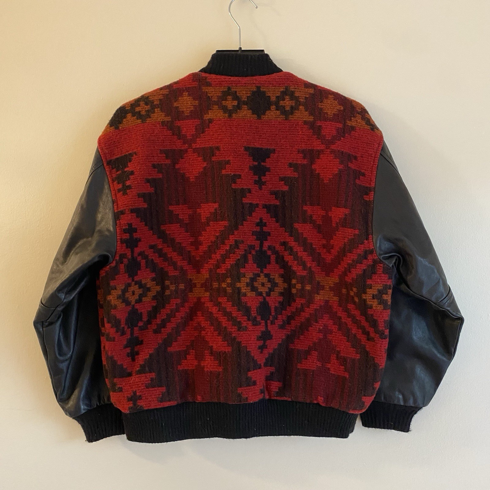 Vintage 90s Woolrich Aztec Jacket Bomber Wool Small USA Southwestern Leather 80s