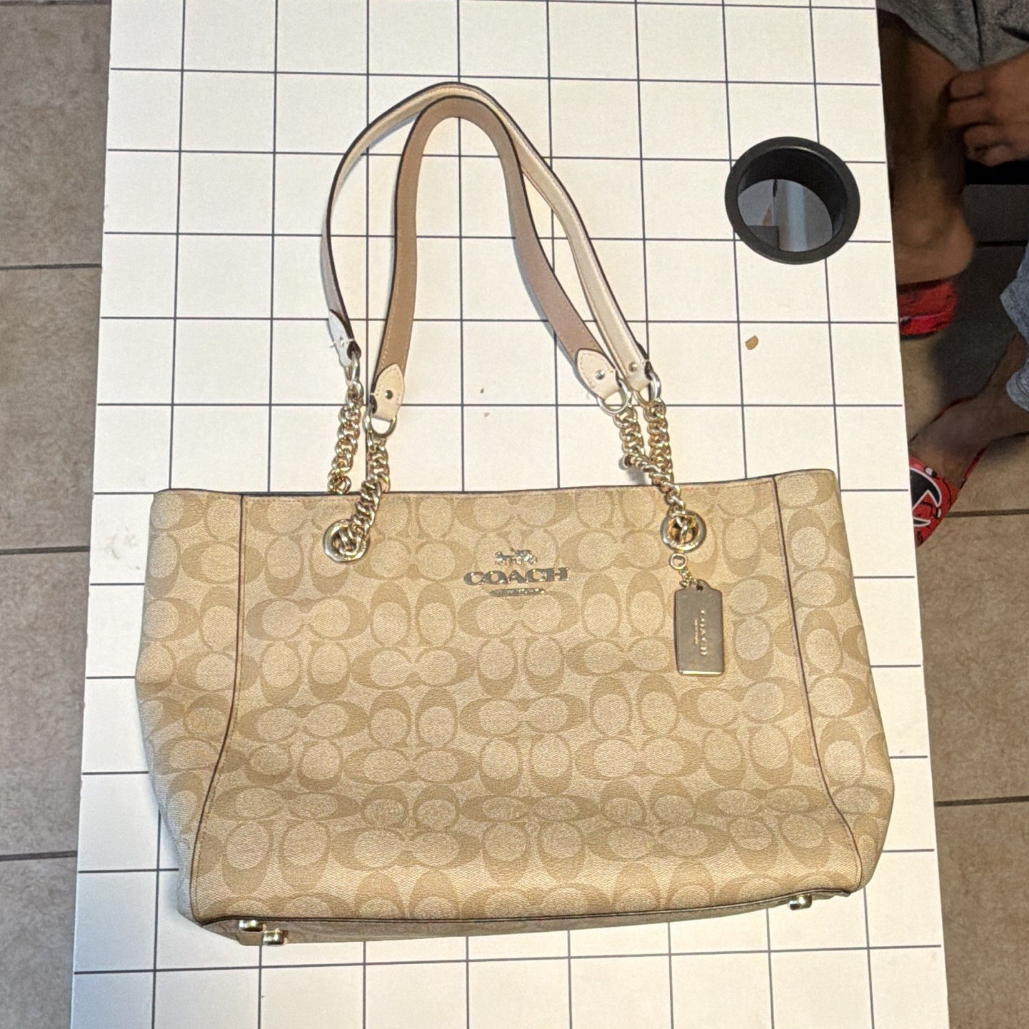 Coach Signature Beige Large Tote Zip Top Chain Strap Gold Hardware Charm