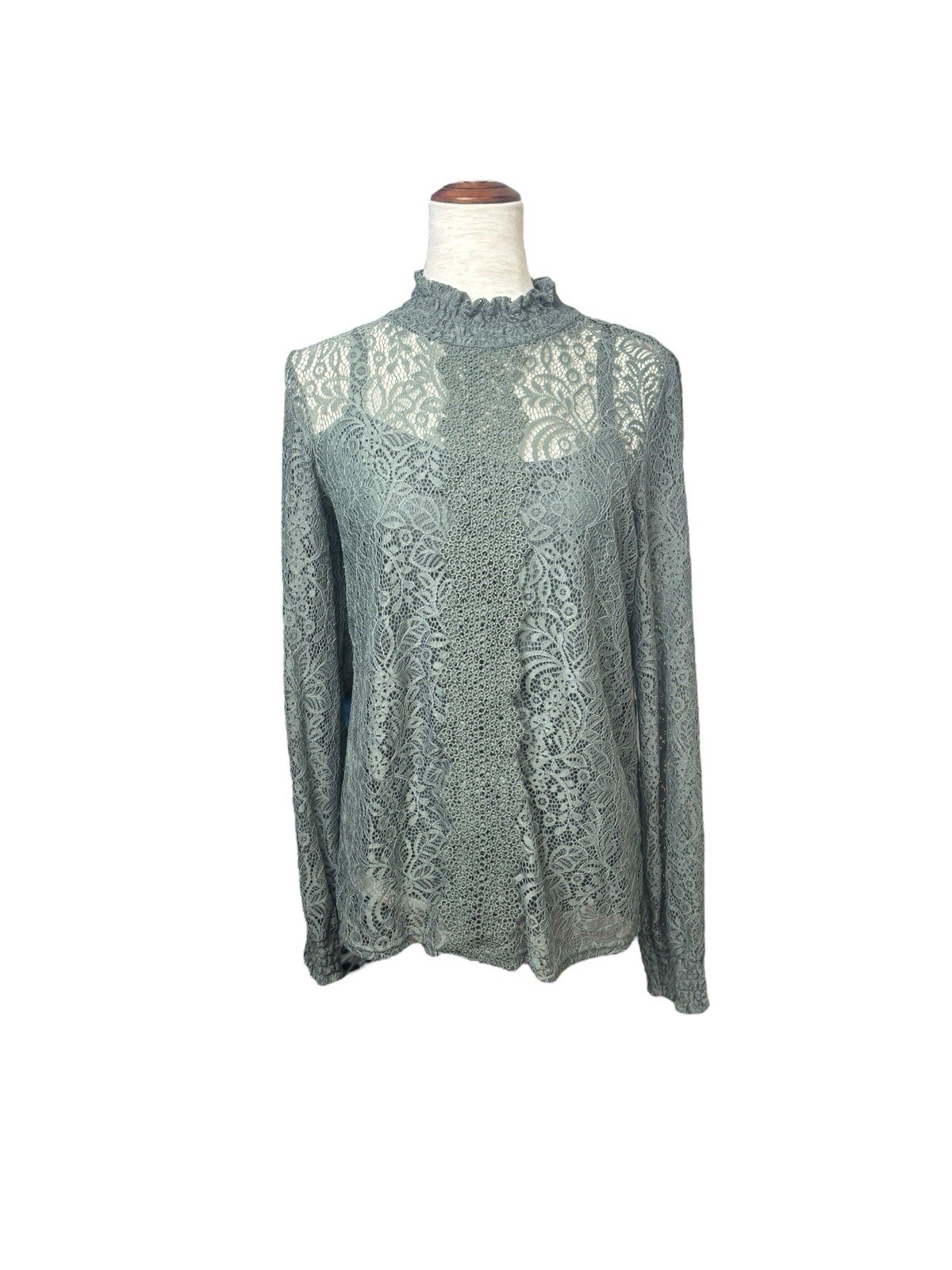 Cable & Gauge Women’s Blouse Size L Green Lace Mock Neck Ruffle Cami Long Sleeve