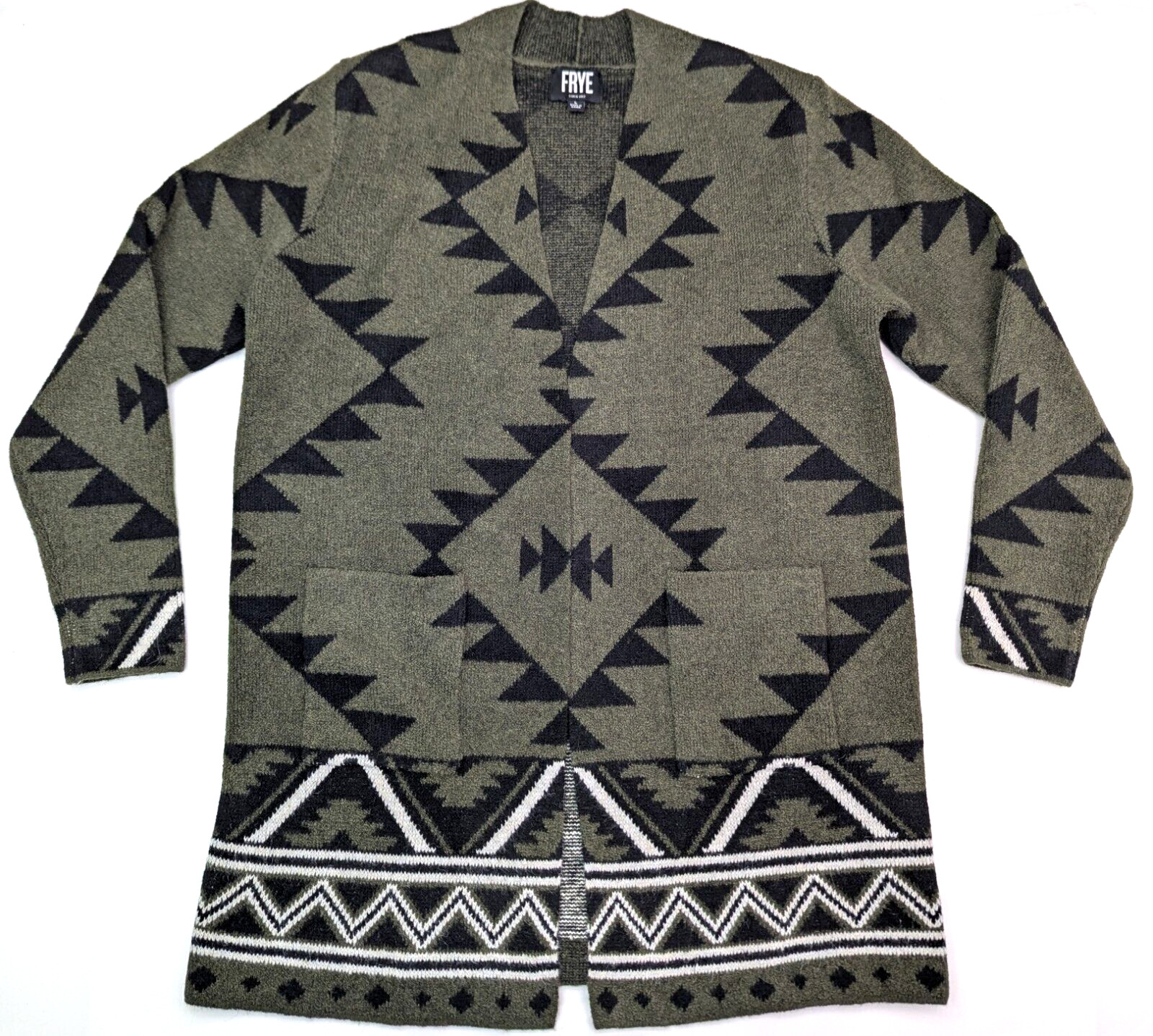 Frye Jacquard Tribal Aztec Open Cardigan Long Sleeve Polyester Blend Women LARGE