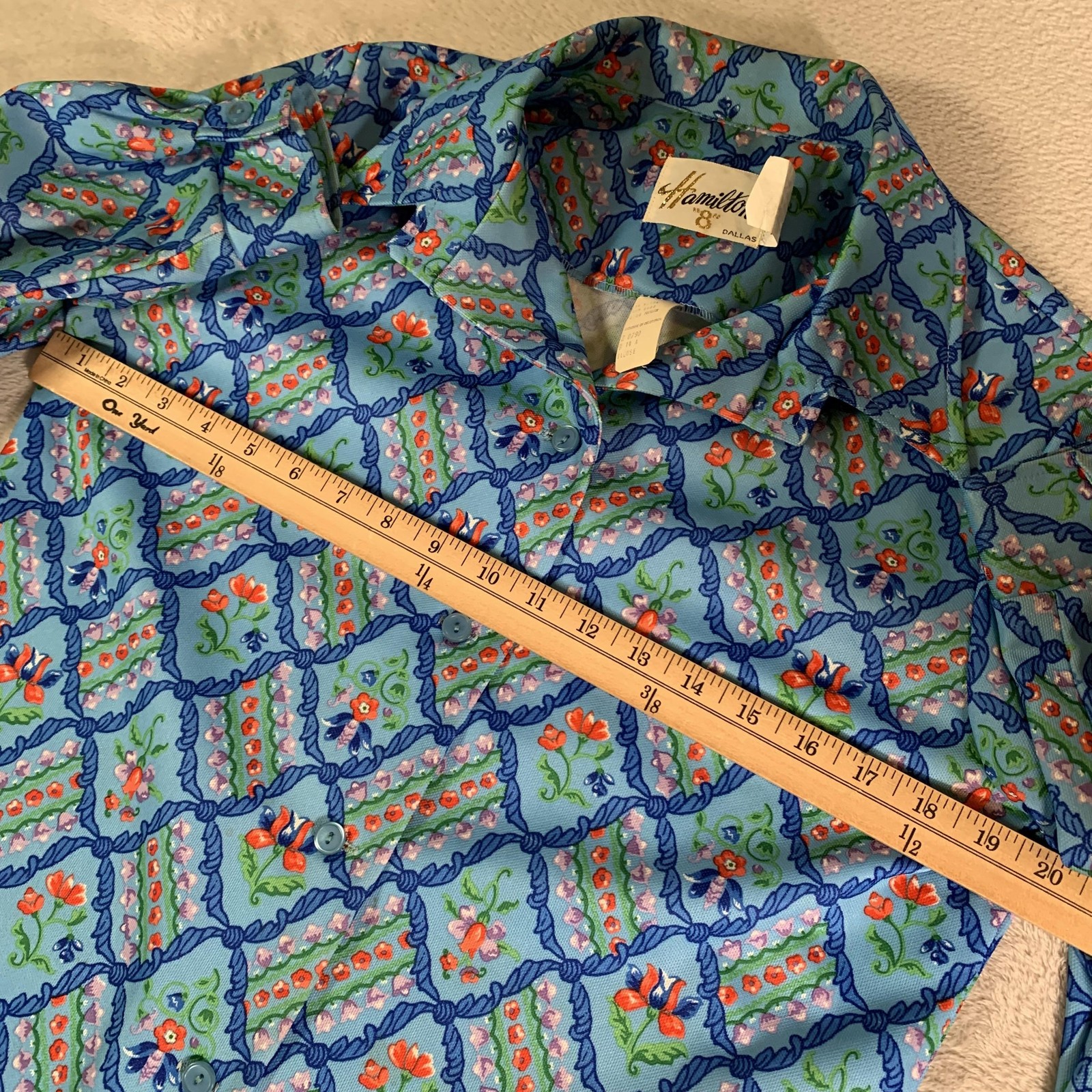 Vintage Hamilton Blouse Womens Size 14A Blue Floral Tunic Collared 70s Polyester