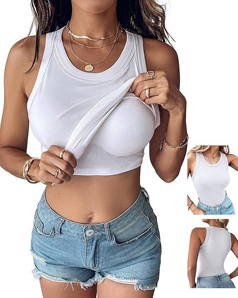 Women Built-in Bra Tank Tops Sleeveless Casual Shirts Racerback Ribbed Fitted Ta