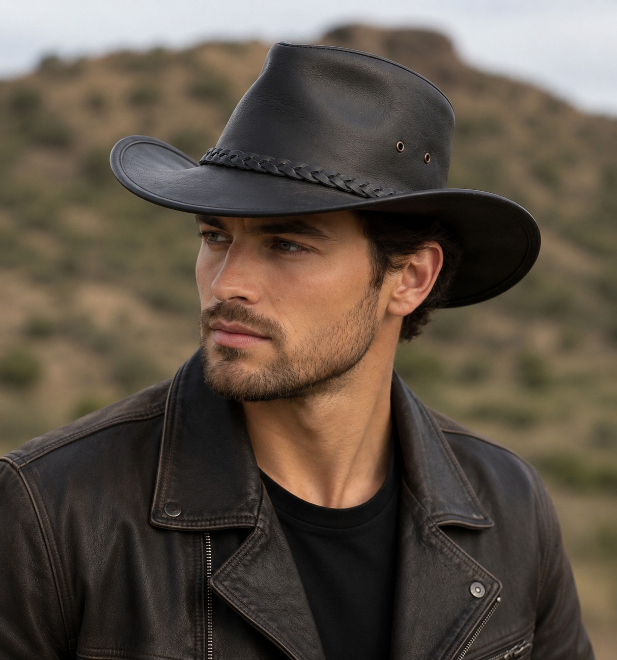 Men’s Genuine Leather Hat Western Cowboy Style Black Outdoor Fashion Cap