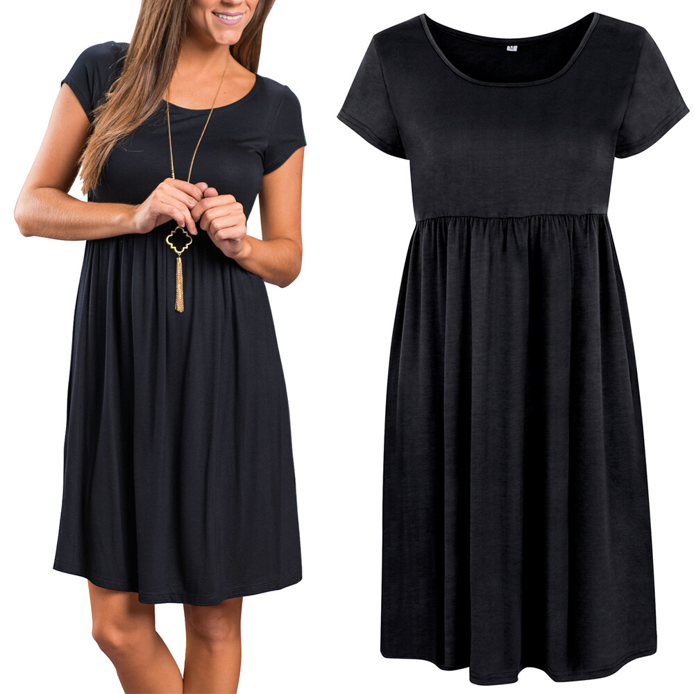 Women’s Short Sleeve Loose Tops Grey Casual Home Clothes Round Neck Soft Dress