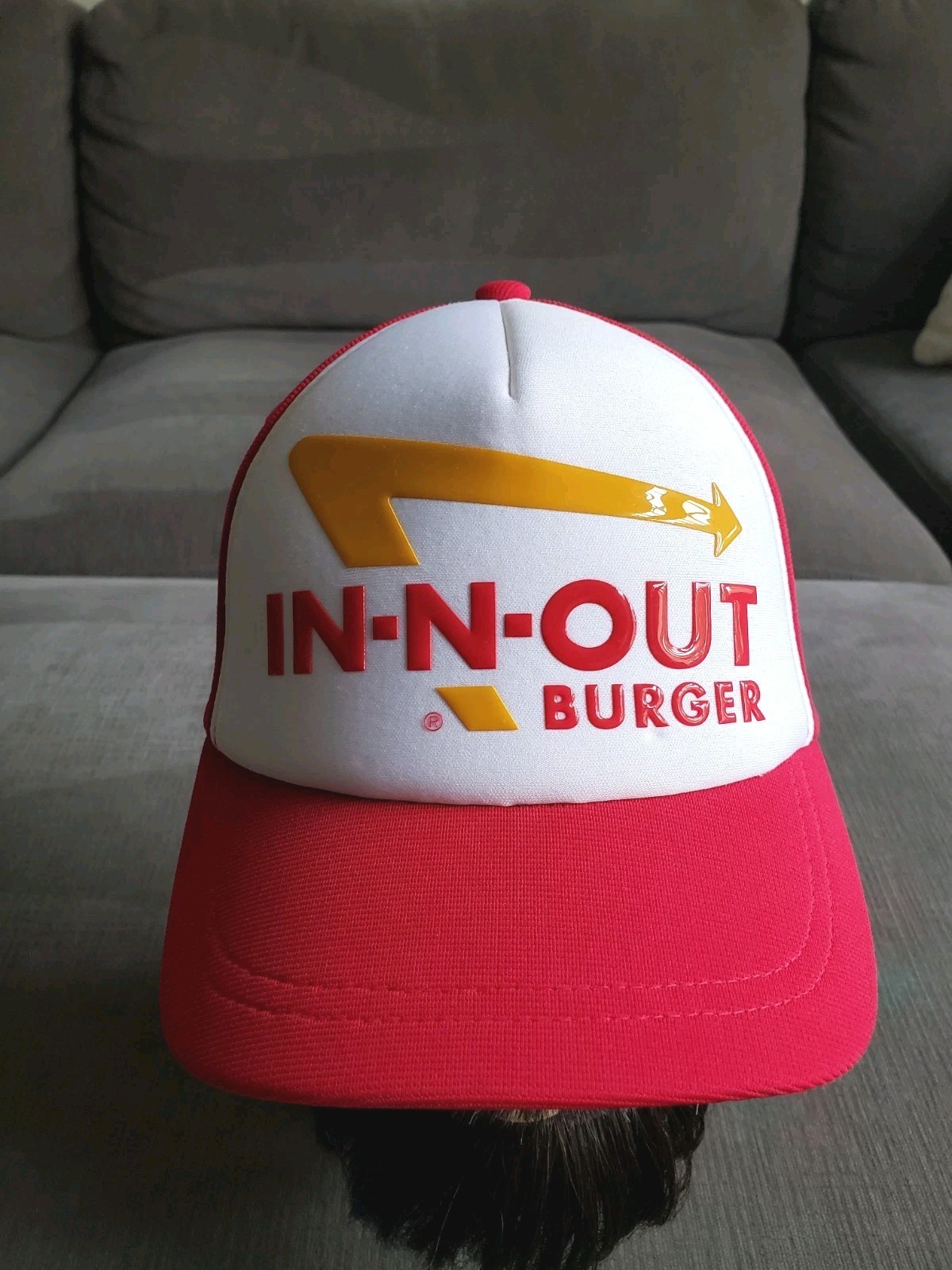 Official In-N-Out Burger Employee Hat Red White Uniform Short Bill Snapback EUC!