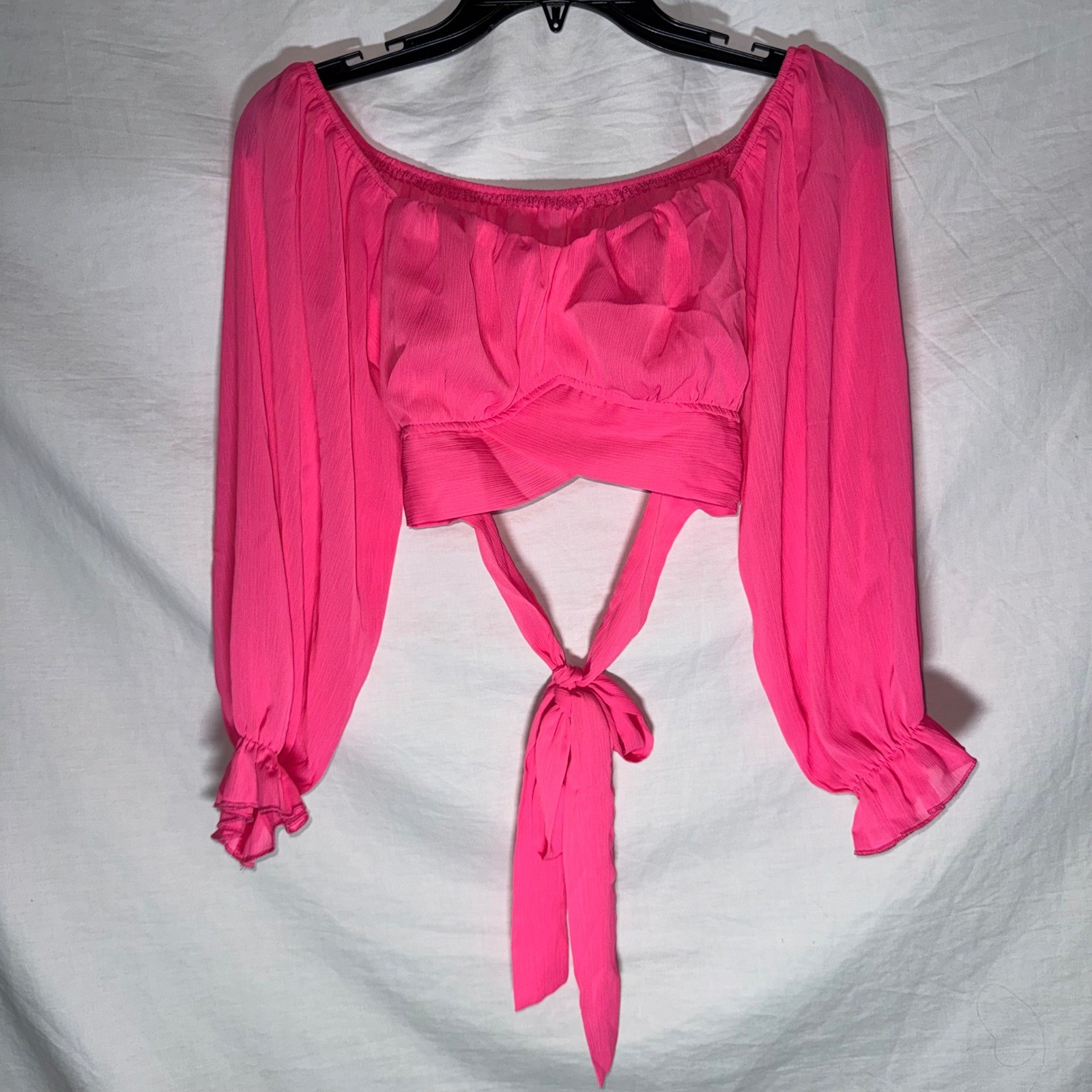 Lyaner Hot Pink Barbie Core Tie Back Crop Top Long Lantern Sleeve Size Medium