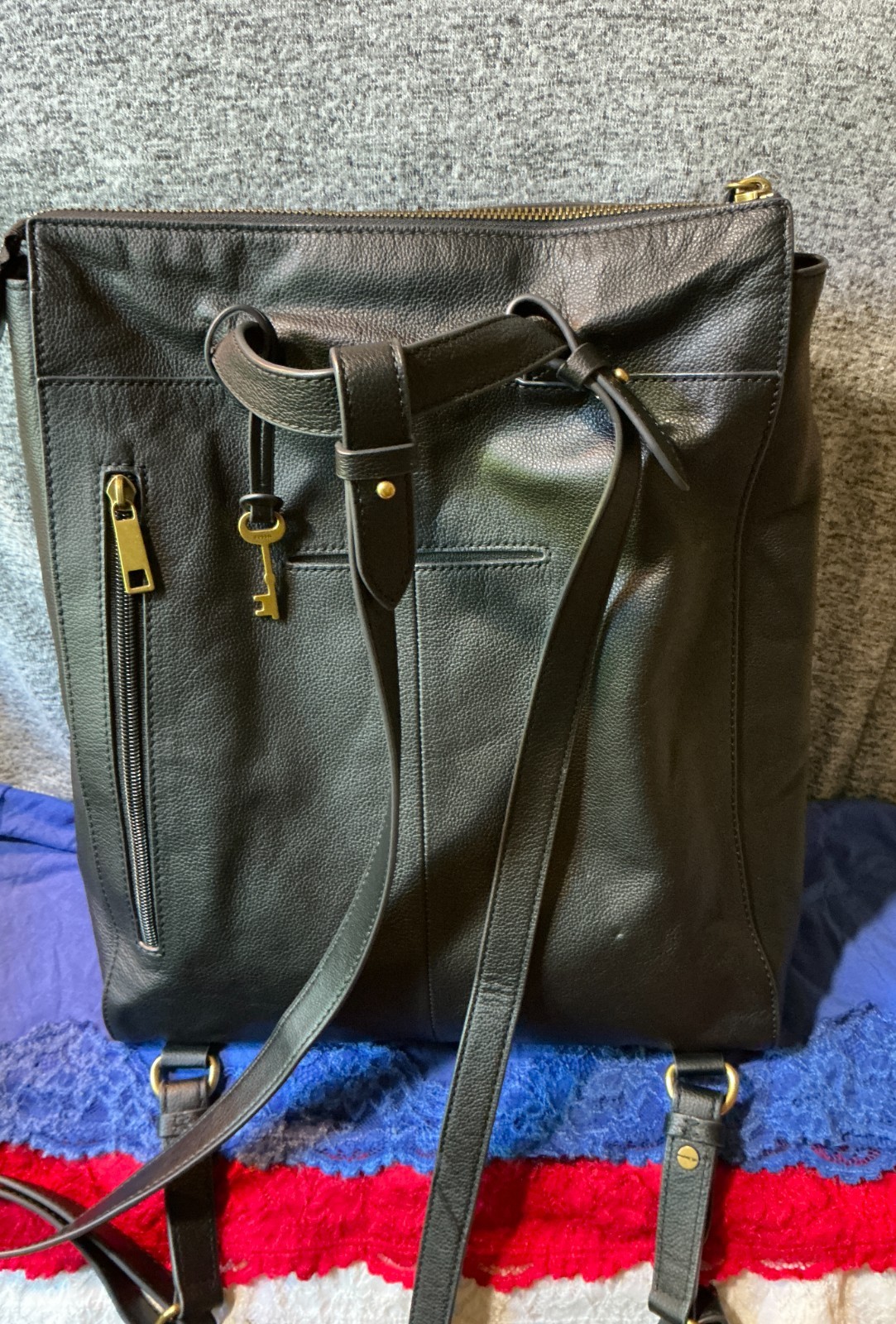 Fossil Elina Black Convertible Crossgrain Leather Zip Shoulder Backpack