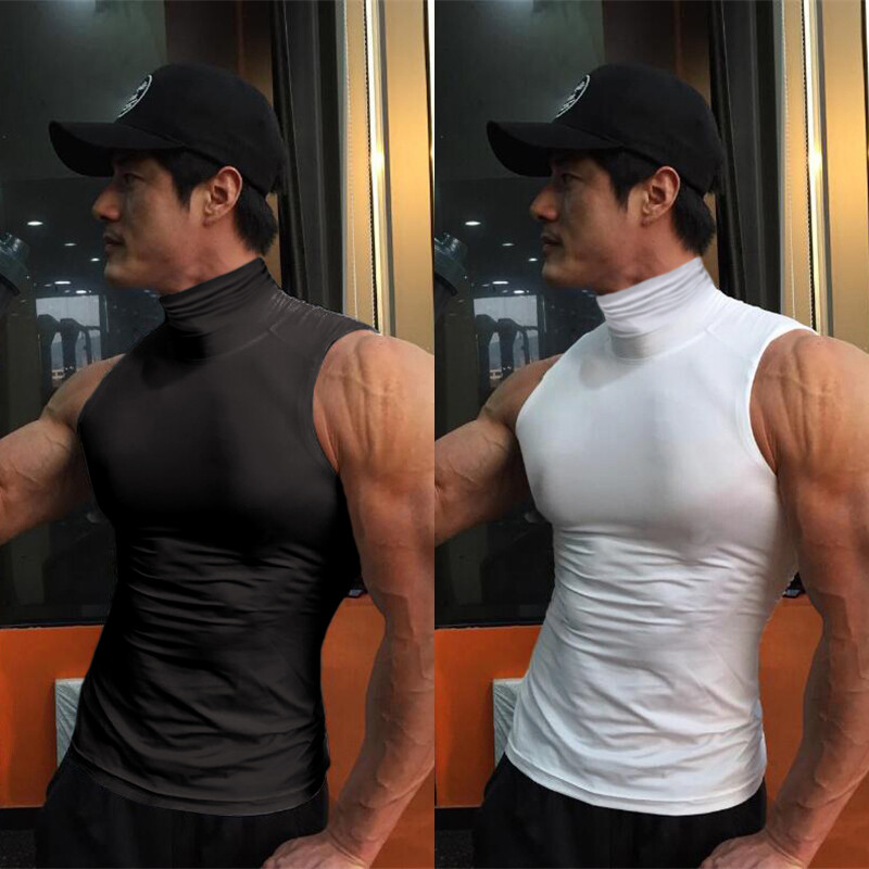 Men Mock Neck Shirt Casual Turtleneck Pullover Sleeveless Slim Fit Tops Stretch