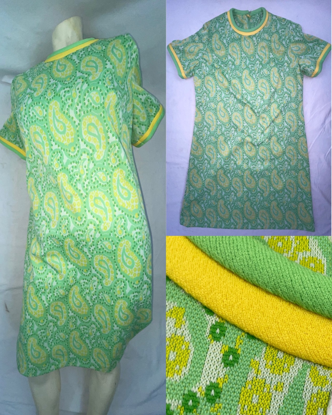 VTG 60S 70S WOMENS POLYESTER PAISLEY GREEN WHITE YELLOW SCOOTER DISCO GOGO DRESS