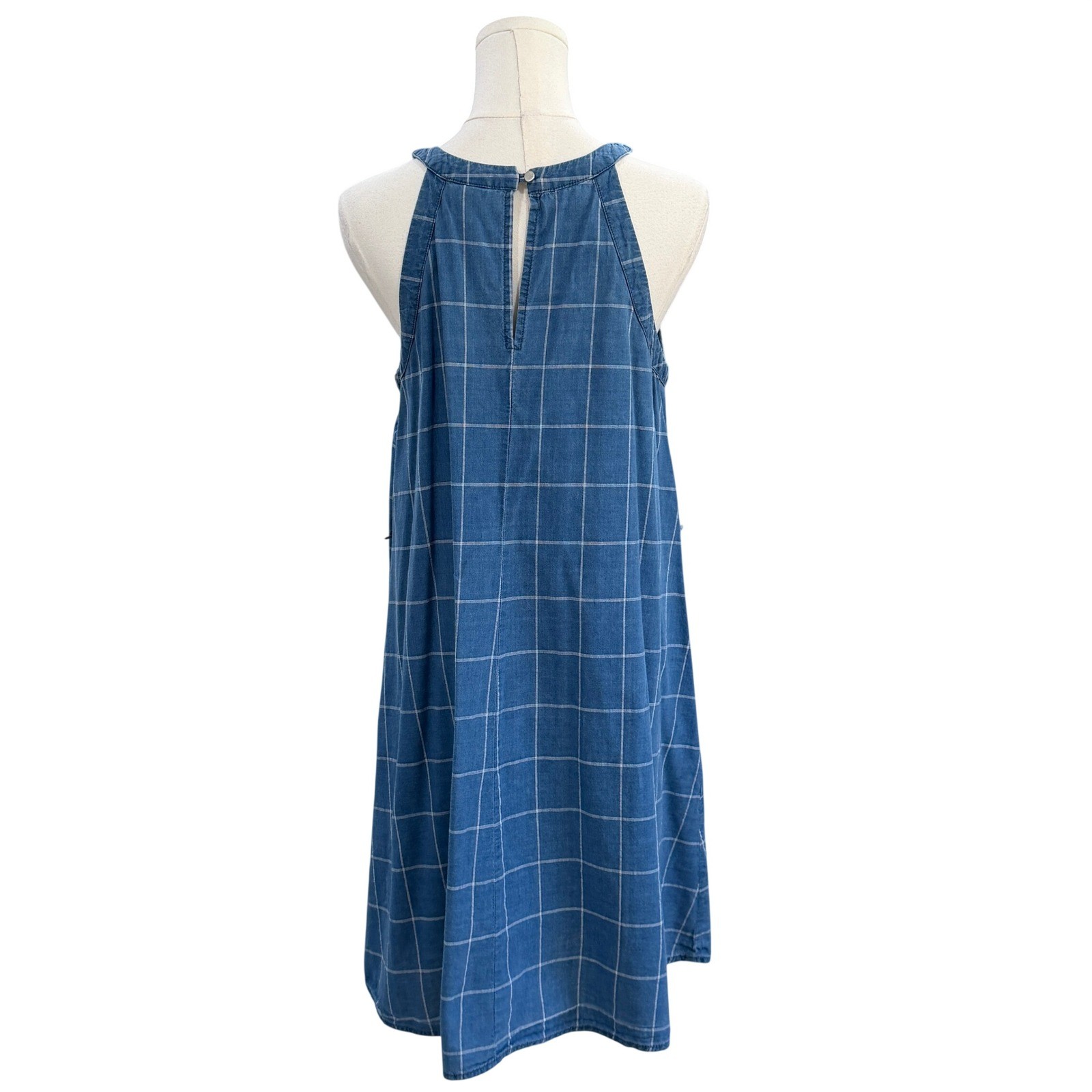 A New Day Chambray Windowpane Midi Dress Coastal Cottagecore Pockets Blue SZ M