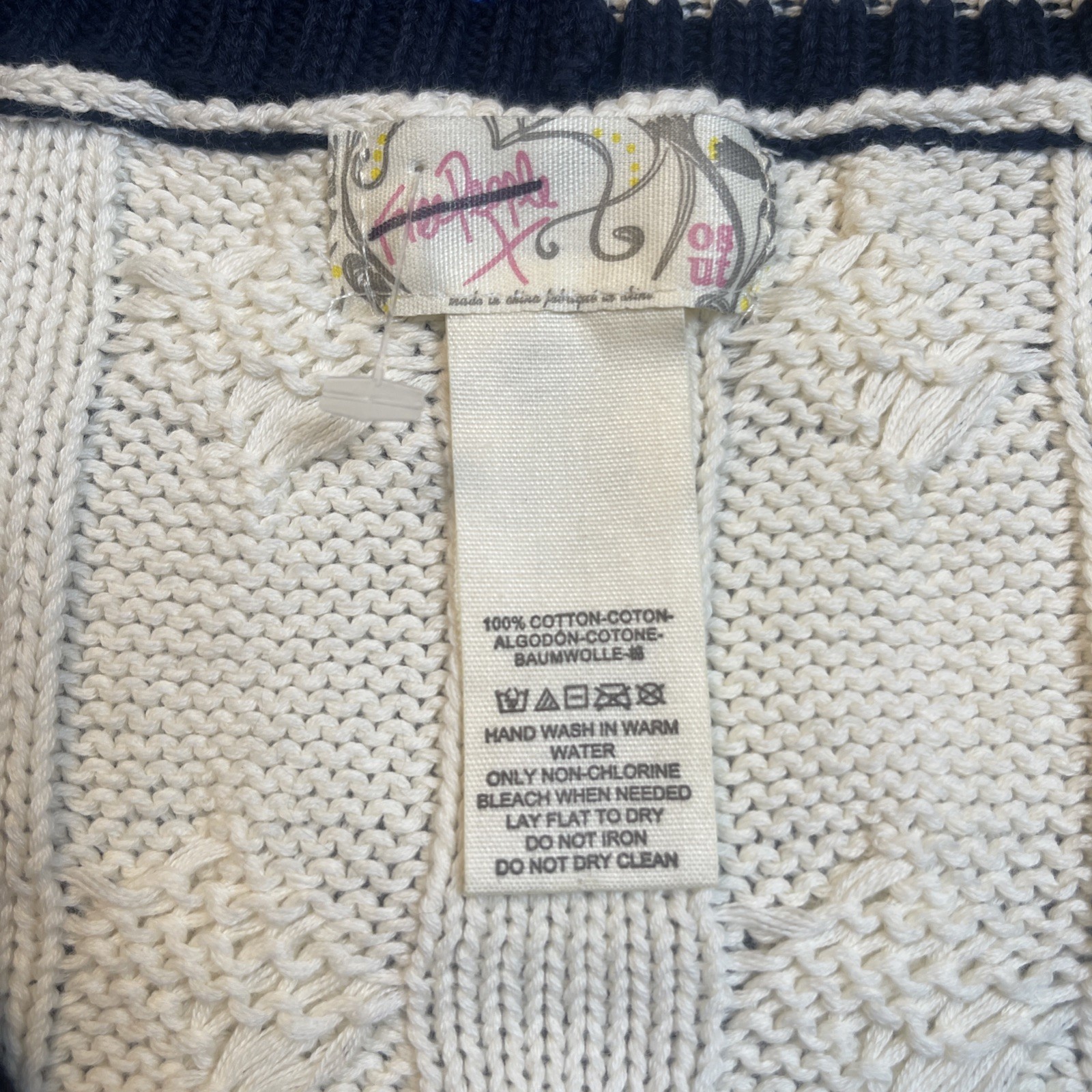 Free People Coastal Prep Poncho Vest Cable Knit One Size Cream Blue NEW