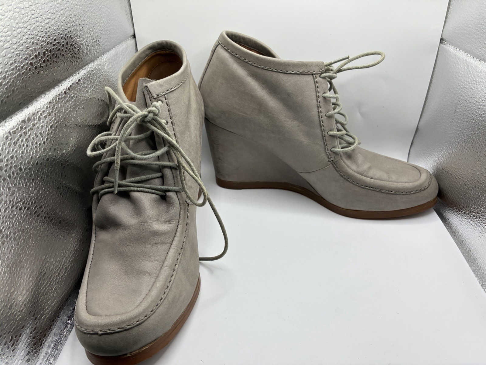 Zara Taupe Lace Up Wedge Ankle Boots Women’s Size 38 US 7.5 Moc Toe Hidden Wedge