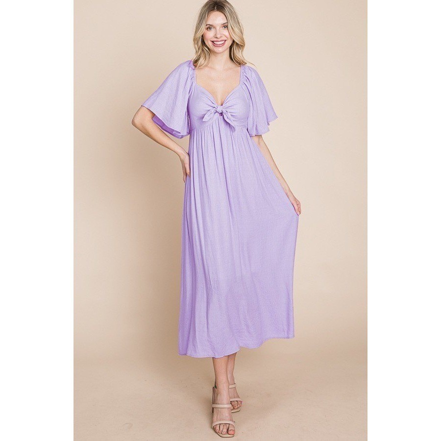 D155. Flutter Sleeve Tie Front Smocked Midi Dress
