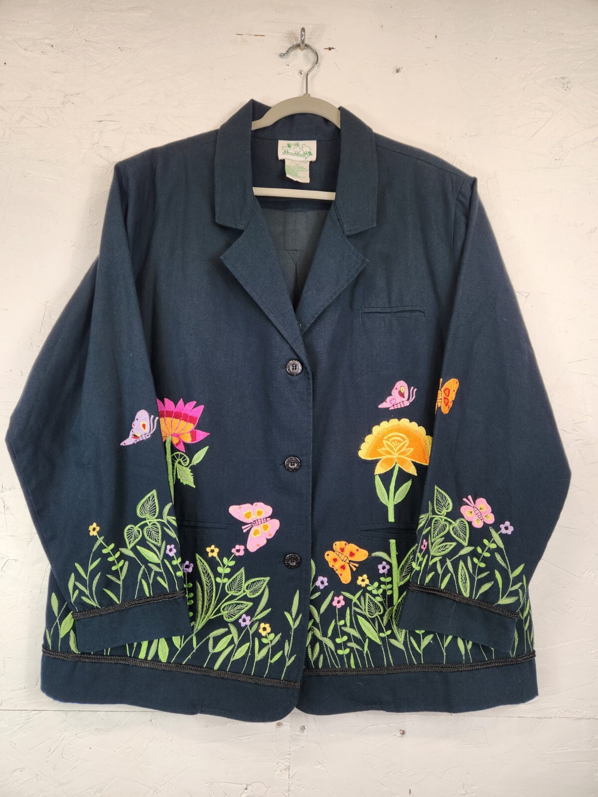 QUACKER FACTORY Jacket Blazer Black Embroidery Butterflies Floral Size 1X FLAW