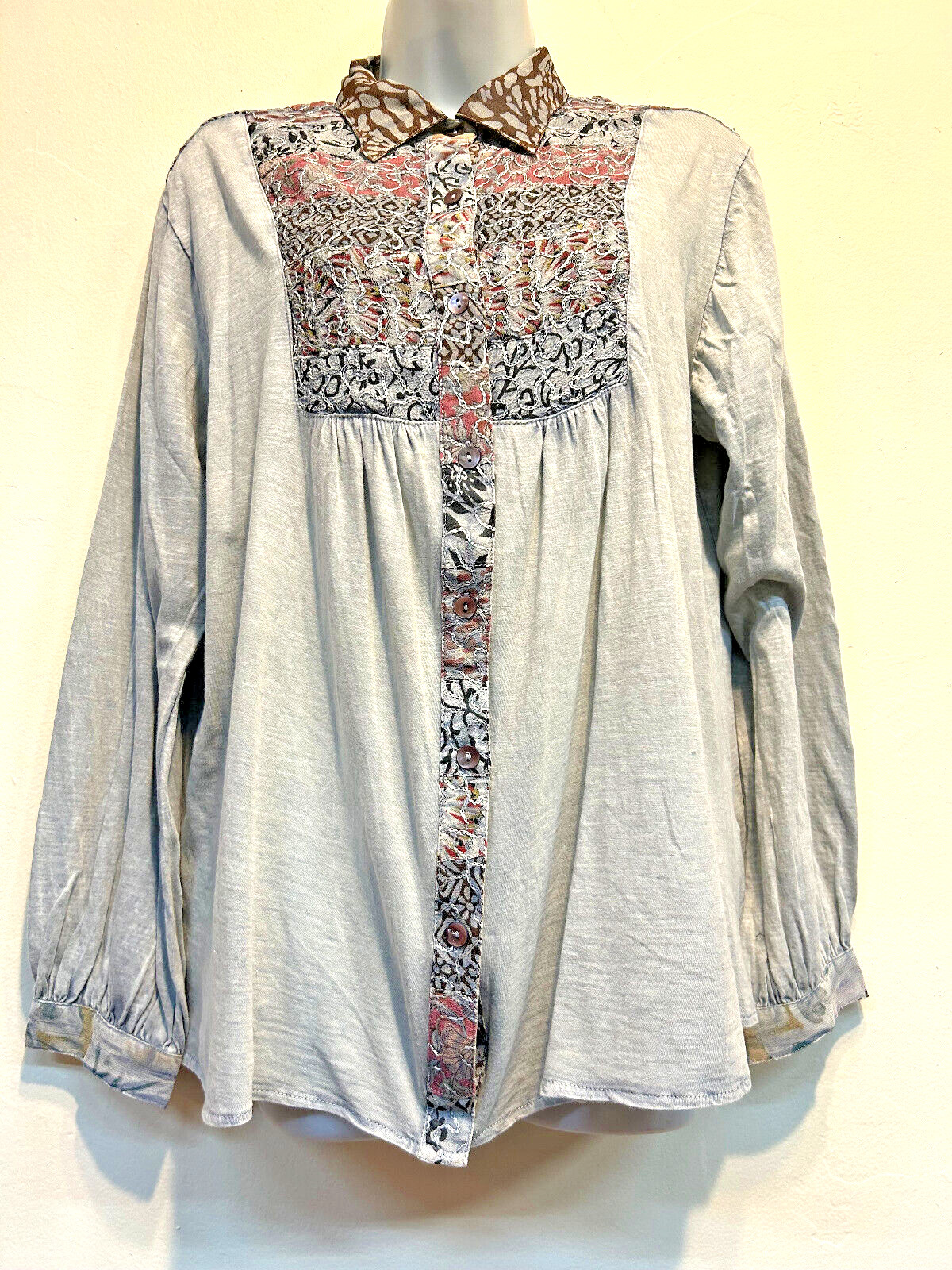 Nwt FUNKY STUFF patch gray boho embroidery knit cotton BLOUSE TOP XL Free shipp