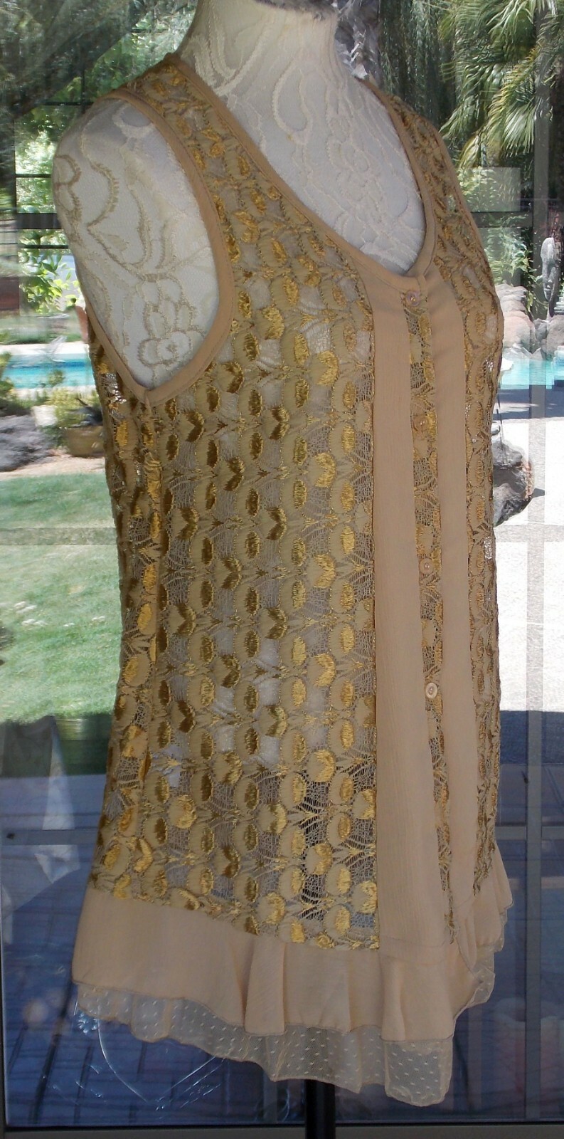 Boho Chic Lacey Pretty Angel Ruffle Trim Long Tunic Sheer Vest Top Sz. M