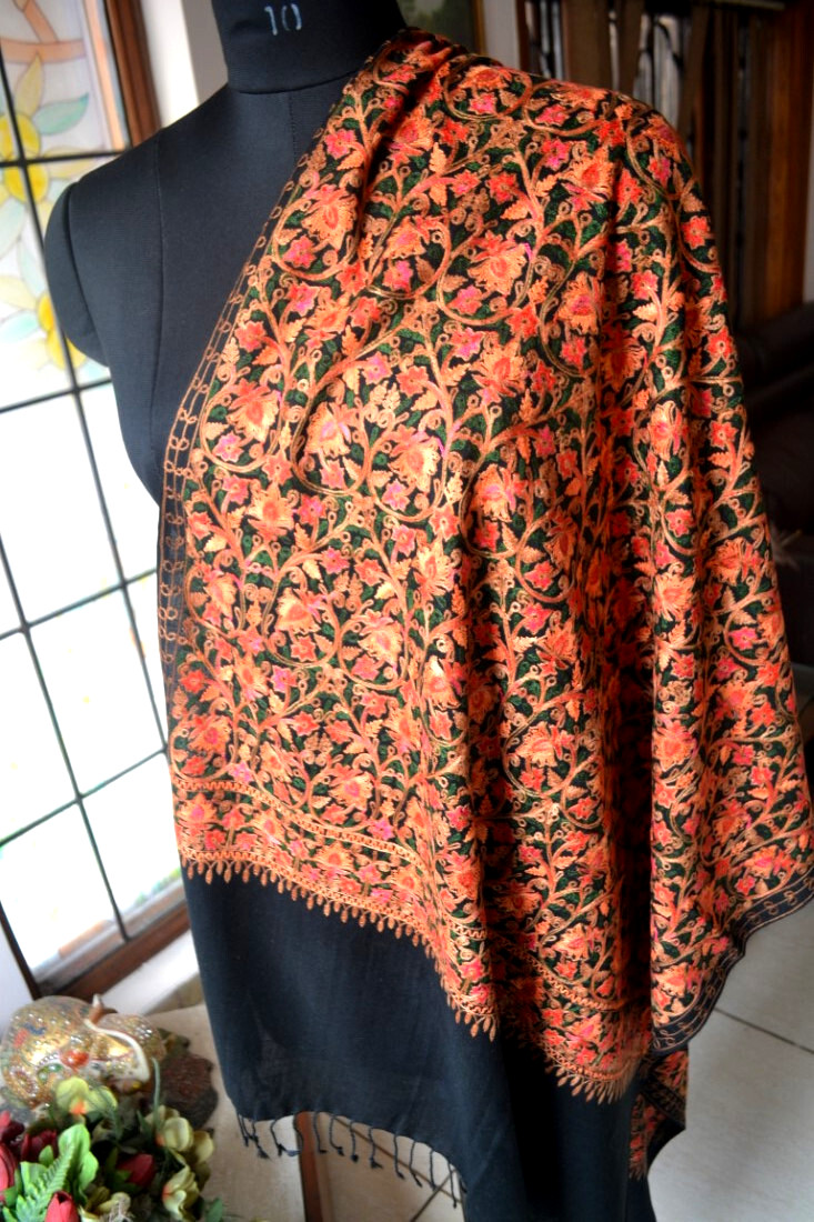 KASHMIRI BLACK CREWEL ALL EMBROIDERED FLORAL SILK PASHMINA STOLE