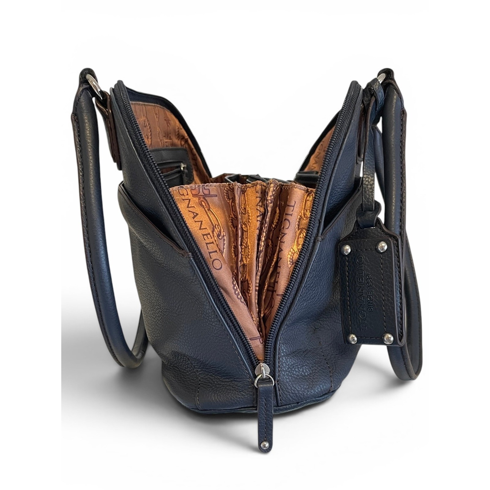 Tignanello Navy Pebbled Leather Domed Satchel Purse Built-In Wallet Mirror Tag