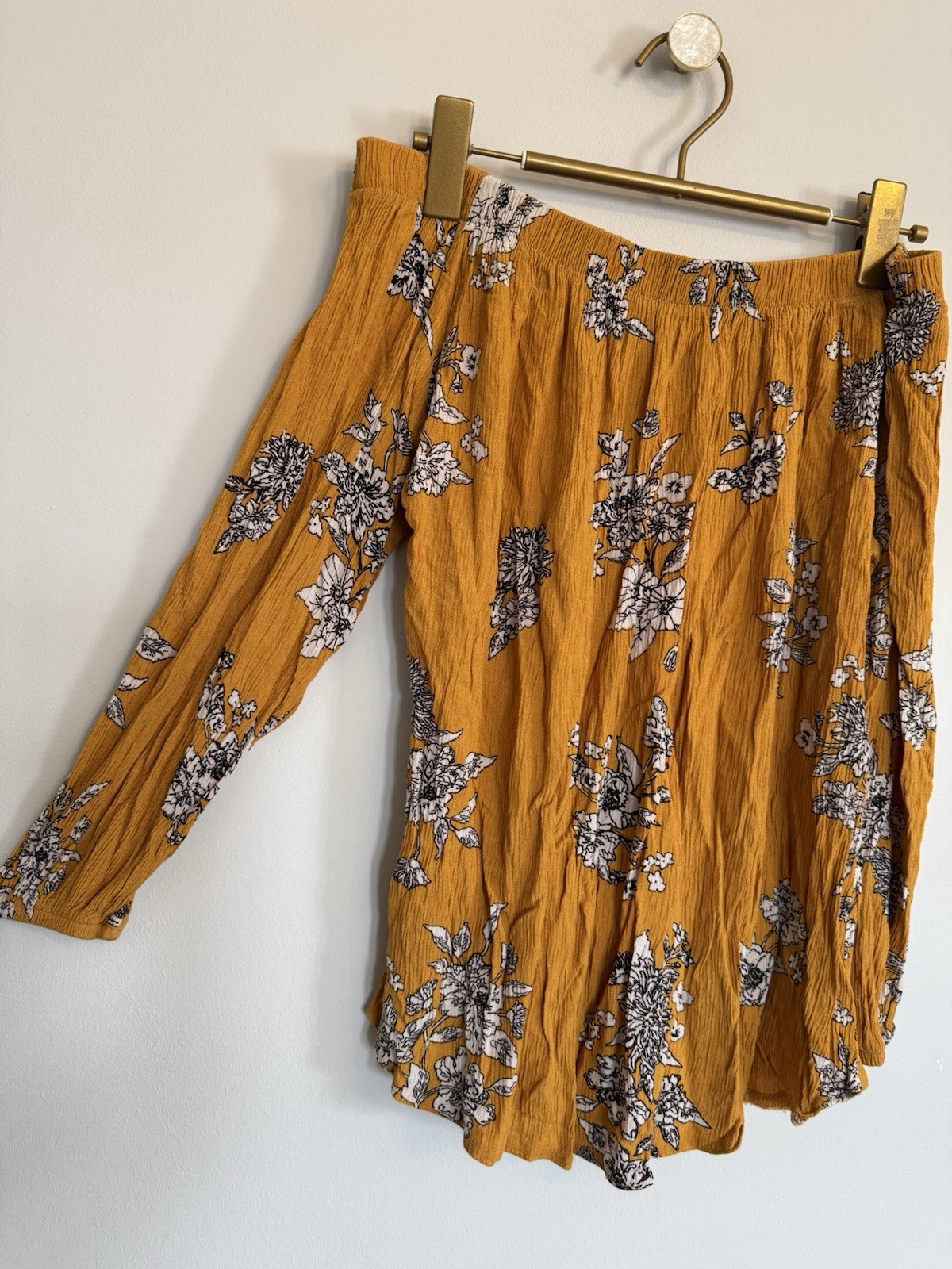 UK 14 Select Mustard And White Floral Print Crinkle Off The Shoulder Summer Top