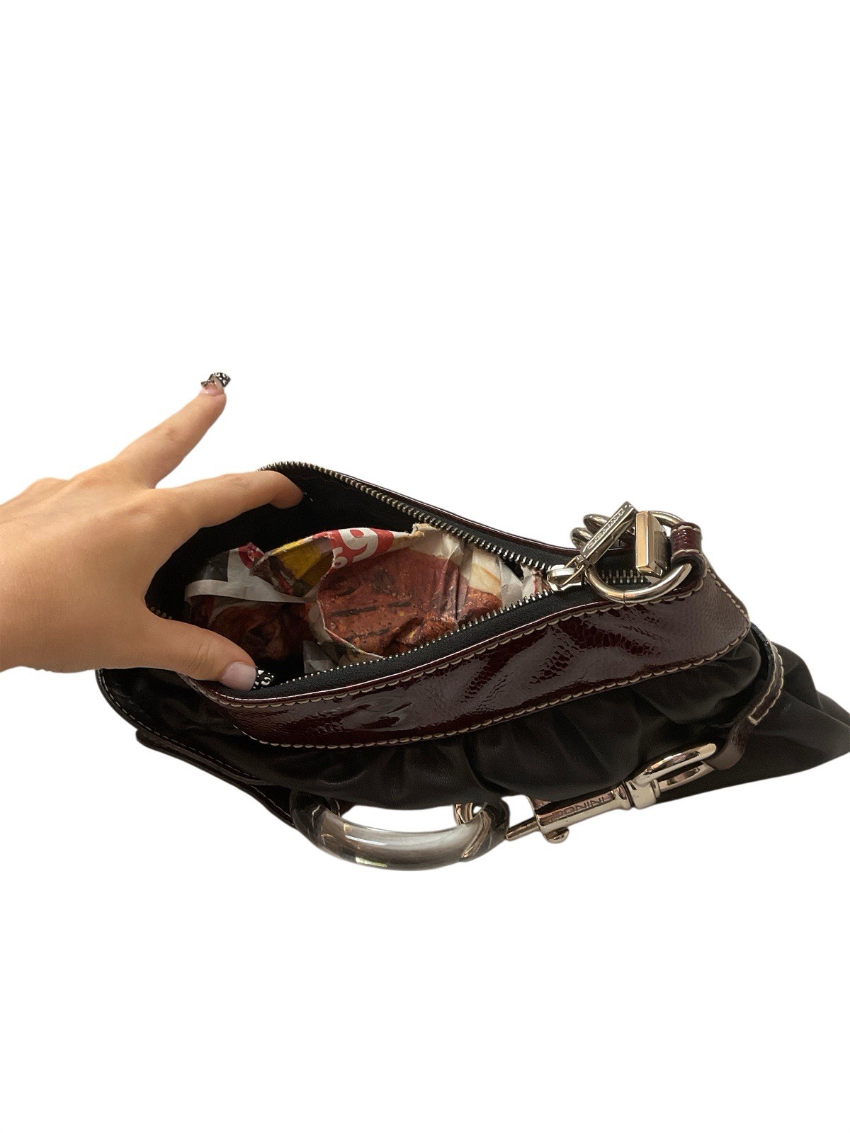 Donini Black W Brown Patent Leather Trim Bag