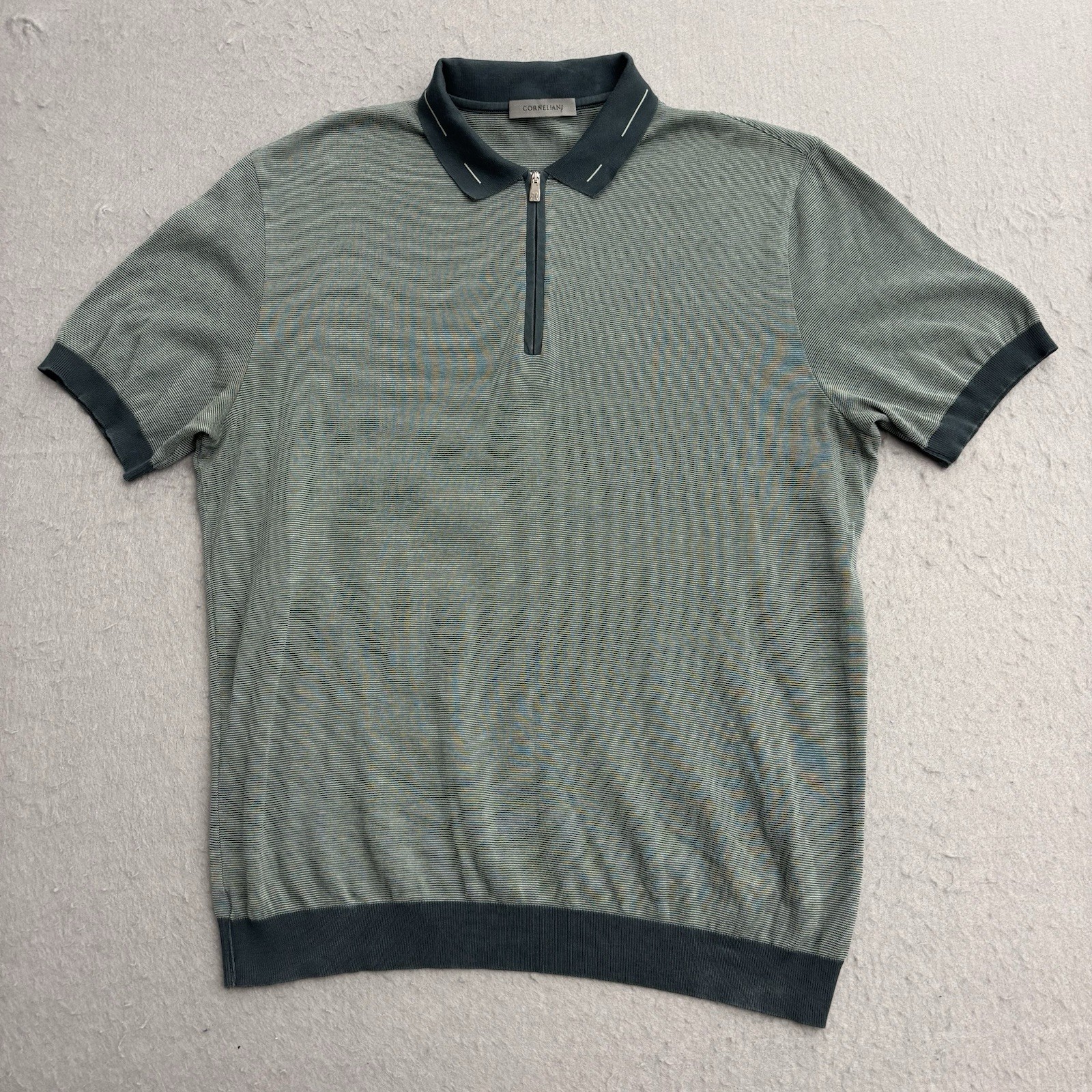 Corneliani Quarter Zip Polo Mens 54 Large Green Cotton Jacquard Pullover Italy