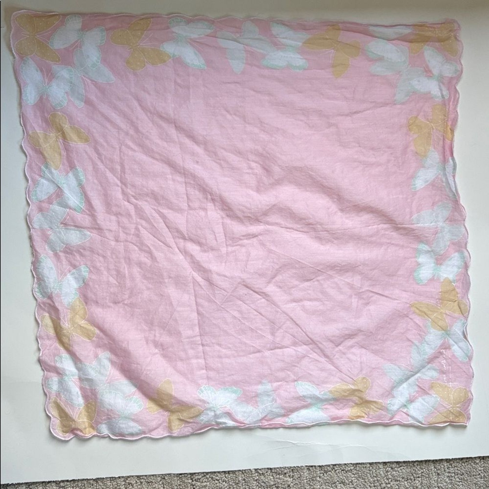 Vintage Pierre Balmain Paris Pink Butterfly Handkerchief 16×16.5 inches