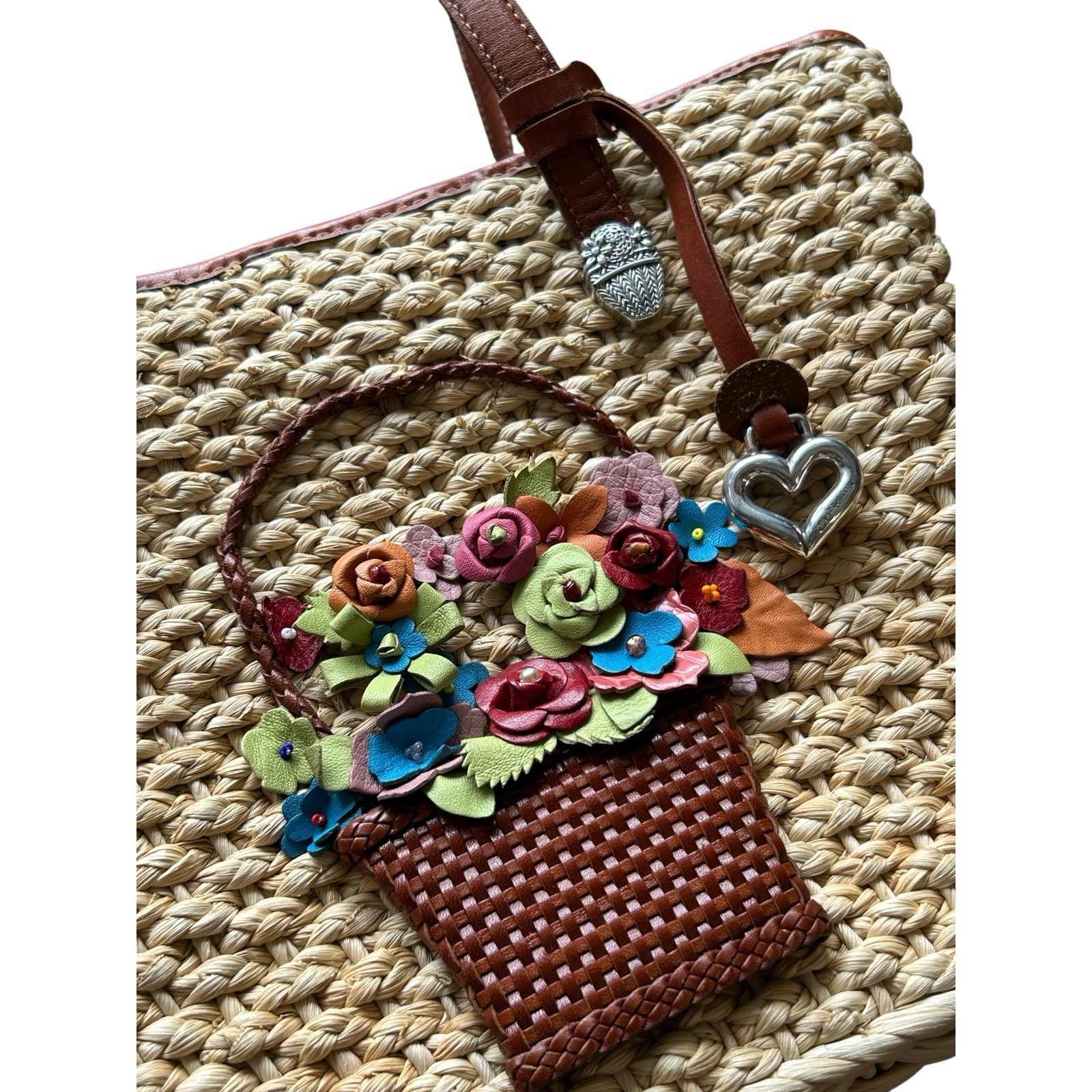 Brighton Straw Woven Tote Bag 3D Leather Flower Basket Heart Charm EUC